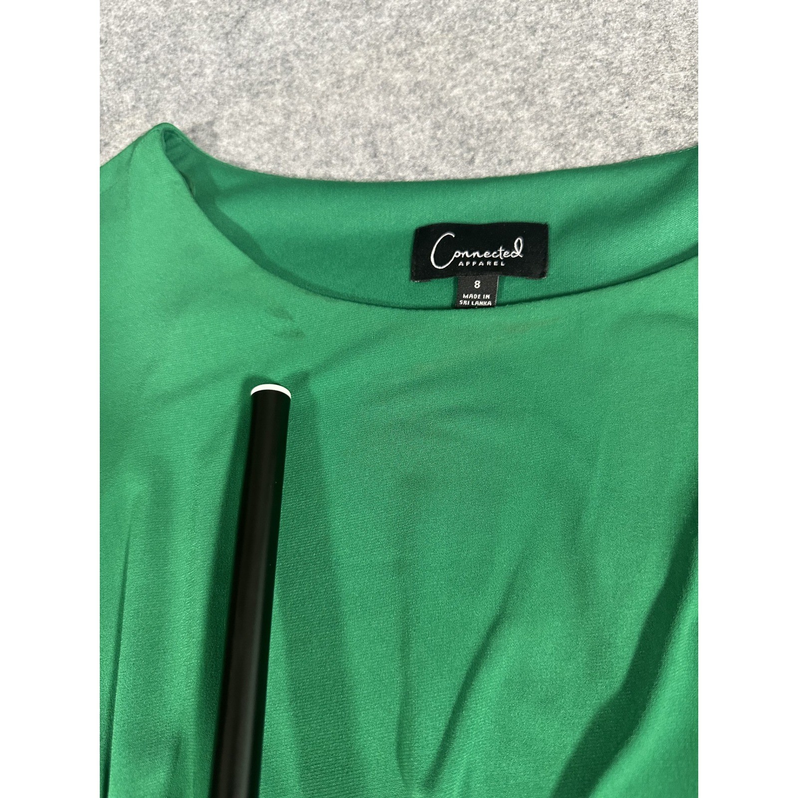 Connected Apparel Faux Wrap Sheath Dress 8 Green Bell Sleeve Gathered Sunburst