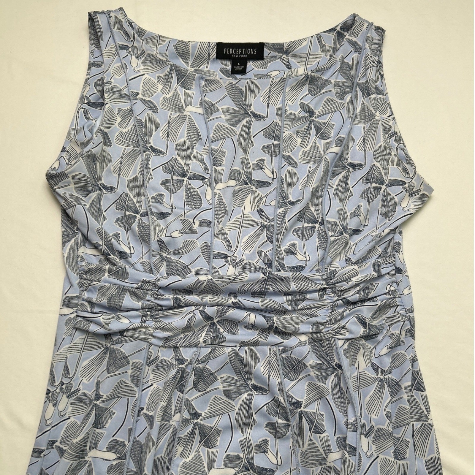 Perceptions Womens Floral Ginkgo Leaf Empire Waist Midi Dress Size L Blue Party