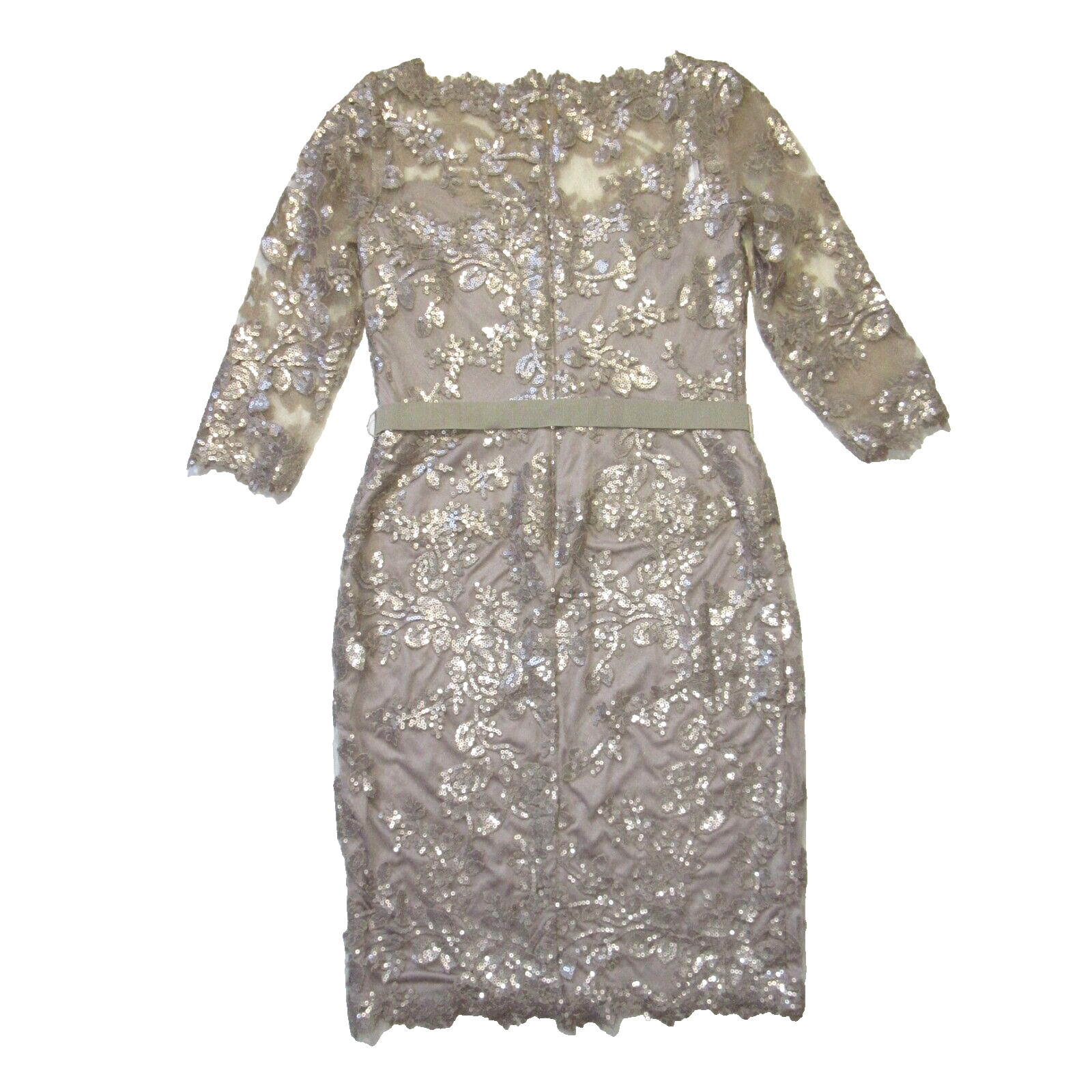 NWT TADASHI SHOJI Paillette Embroidered Tulle Sheath in Sand Belted Dress 6