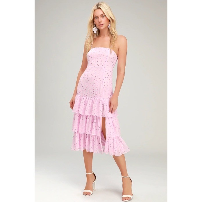 Lulus Pink Polka Dot Tiered Chiffon Midi Dress Womens Small NWT