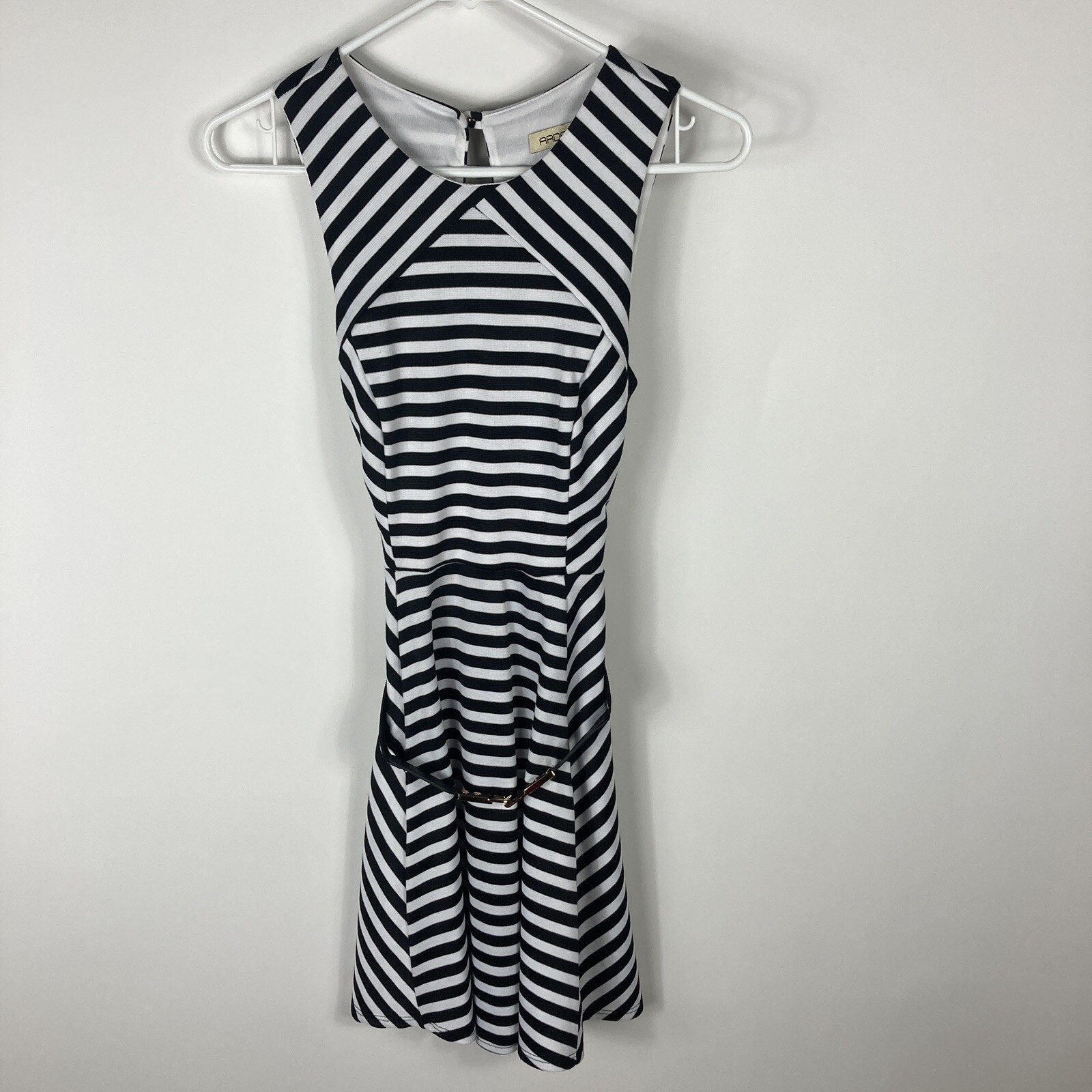 Arden B. Dress SZ Smill Black White Striped Sleeveless Pleated with Buckle