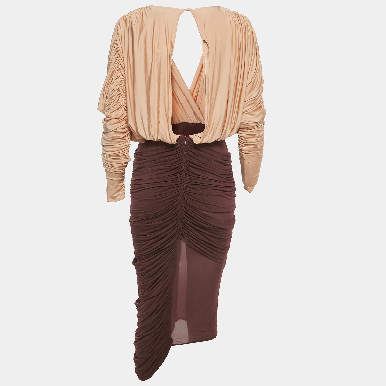 Magda Butrym BeigeBrown Jersey Ruched Plunge Neck Midi Dress S