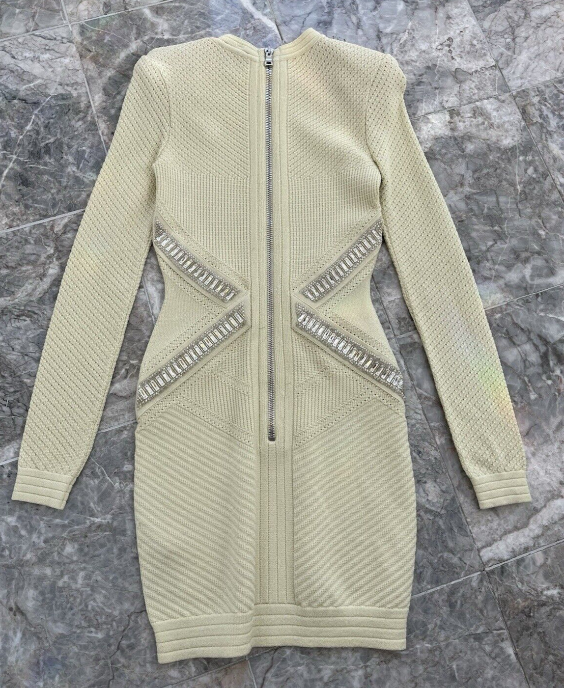BALMAIN Pale Yellow Crystal Embellished Long Sleeved Dress FR 38 US 4