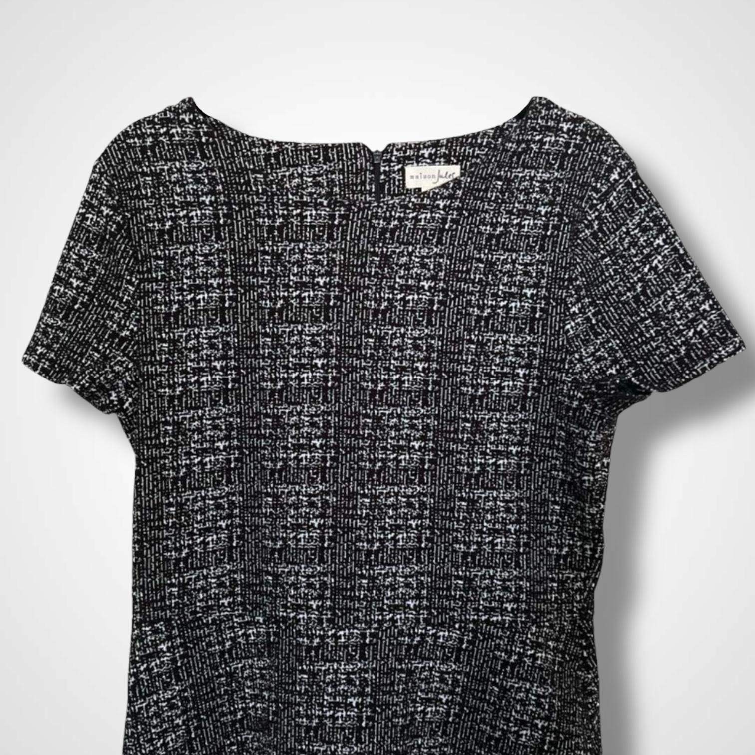Maison Jules Tweed Dress Size L Flounce Hem Short Sleeve Black and White,