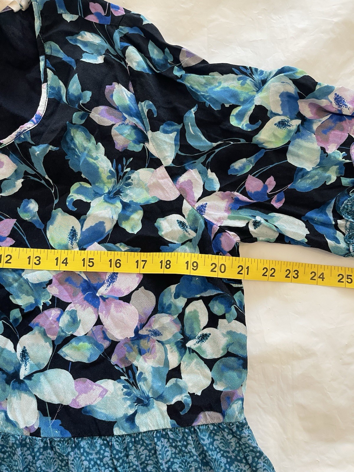 Soft Surroundings Night Bloom Tiered Boho Dress L Patchwork Blue Block Print