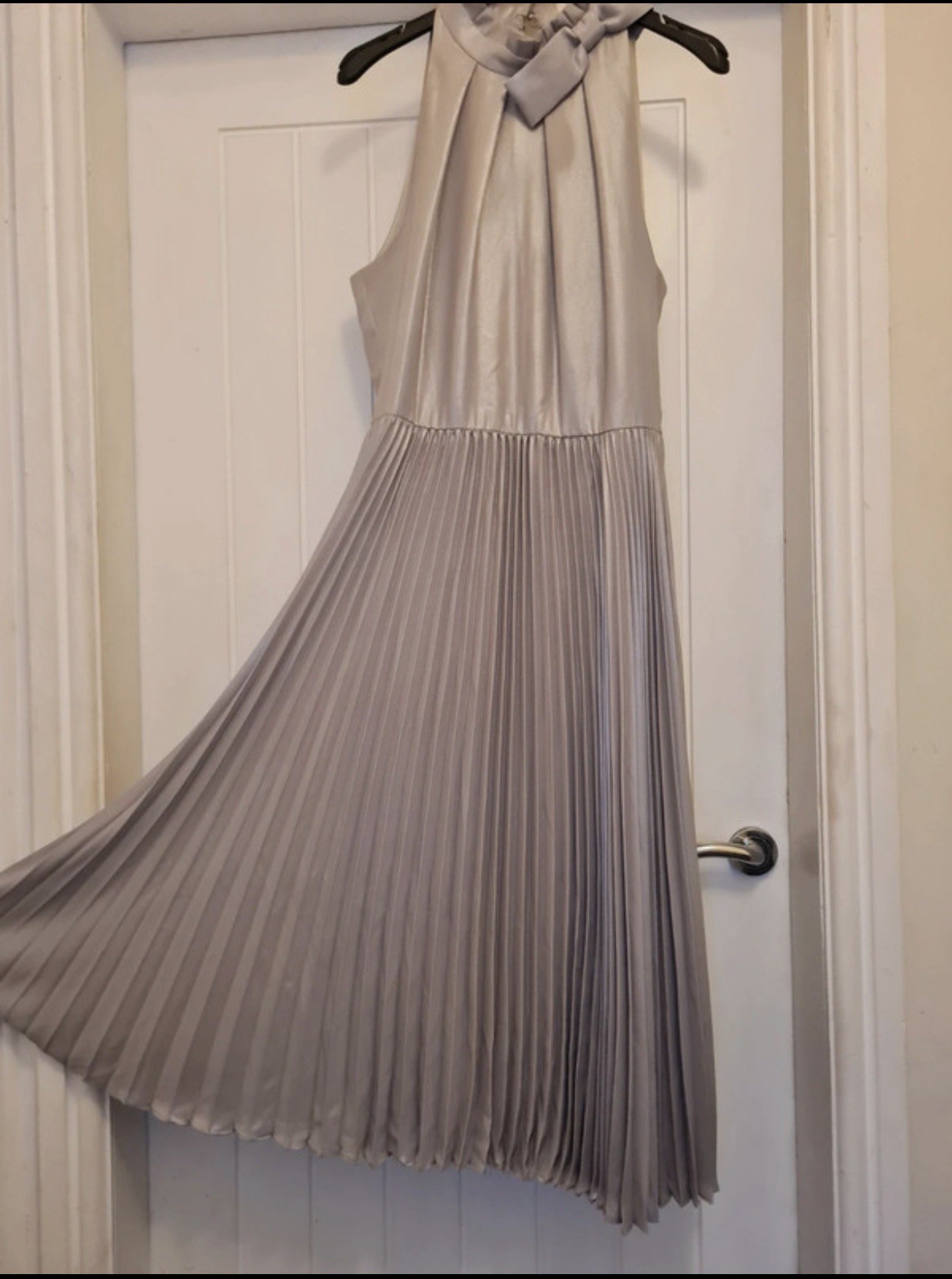 Ted Baker Oliver Silver Grey High Neck Pleated Dress Bow Metallic
