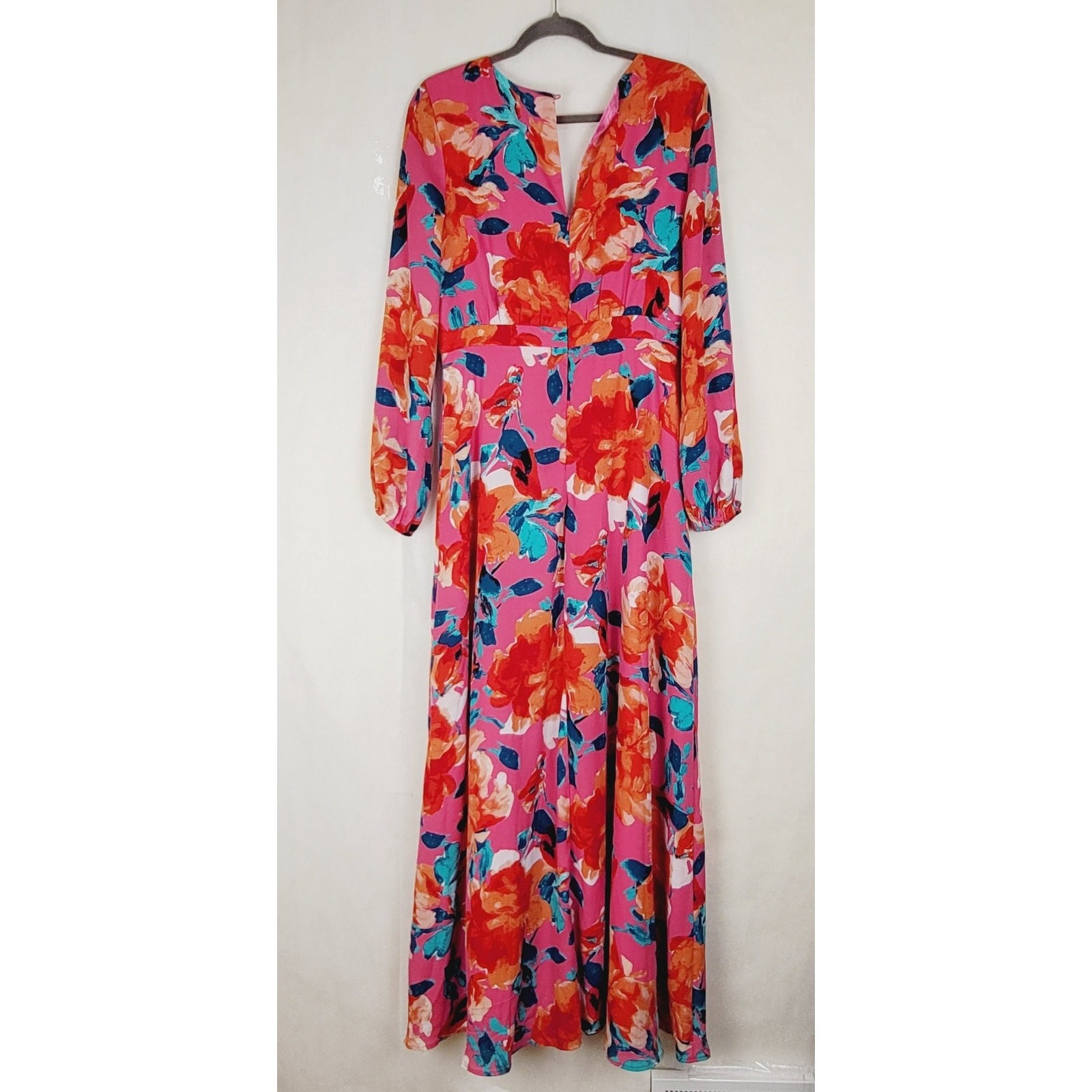 New En Creme Brielle magenta floral long sleeve side slit vneck maxi dress large