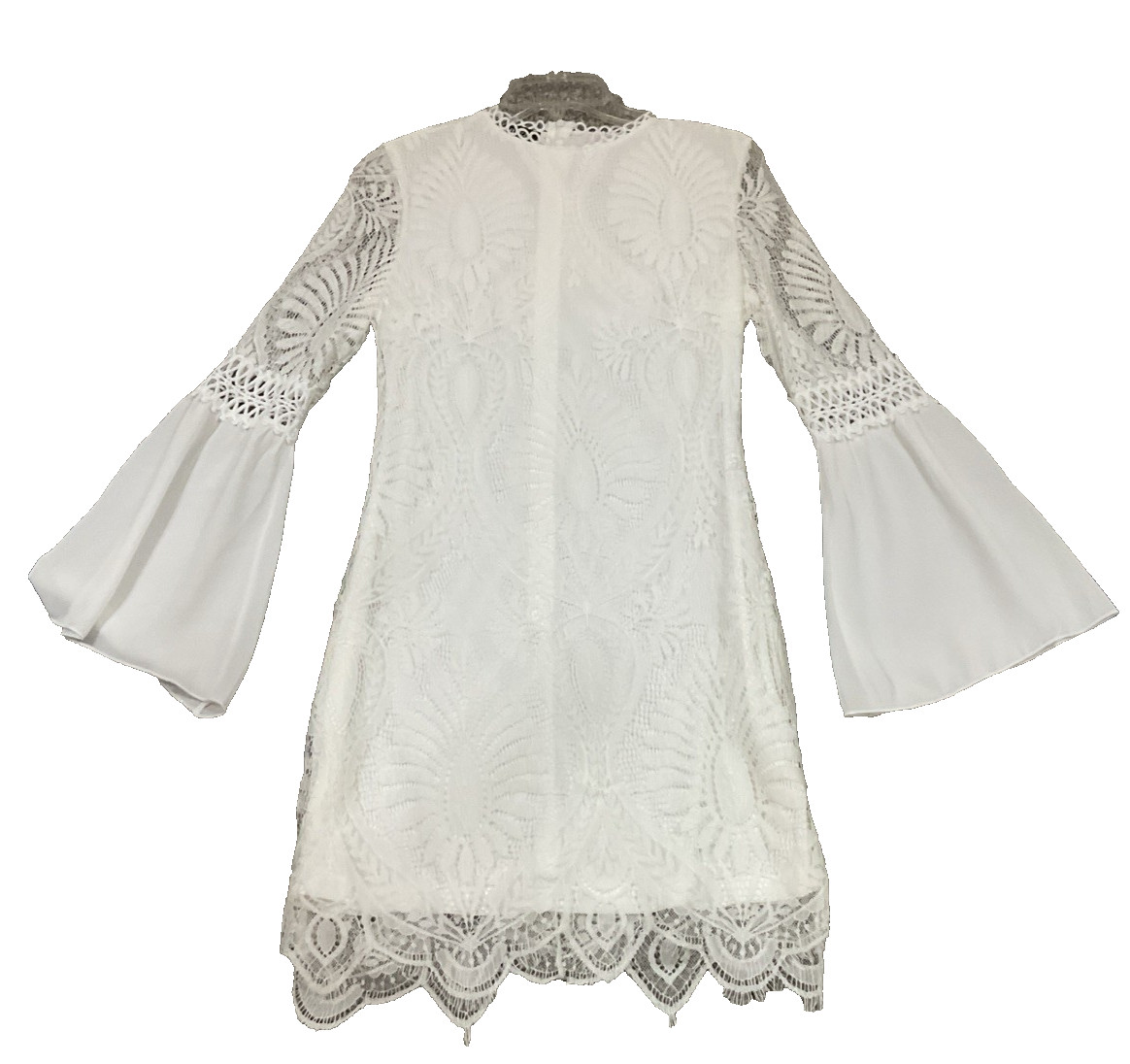 Eilly Bazar White Crochet Lace Boho Bell Sleeve Cottage Prairie Mini Dress Sz S