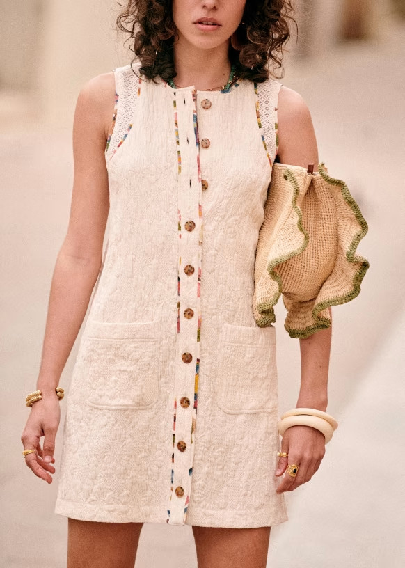 NWT Sezane Villa in Ecru Jacquard Sleeveless Mini Shirt Dress 34 / 2