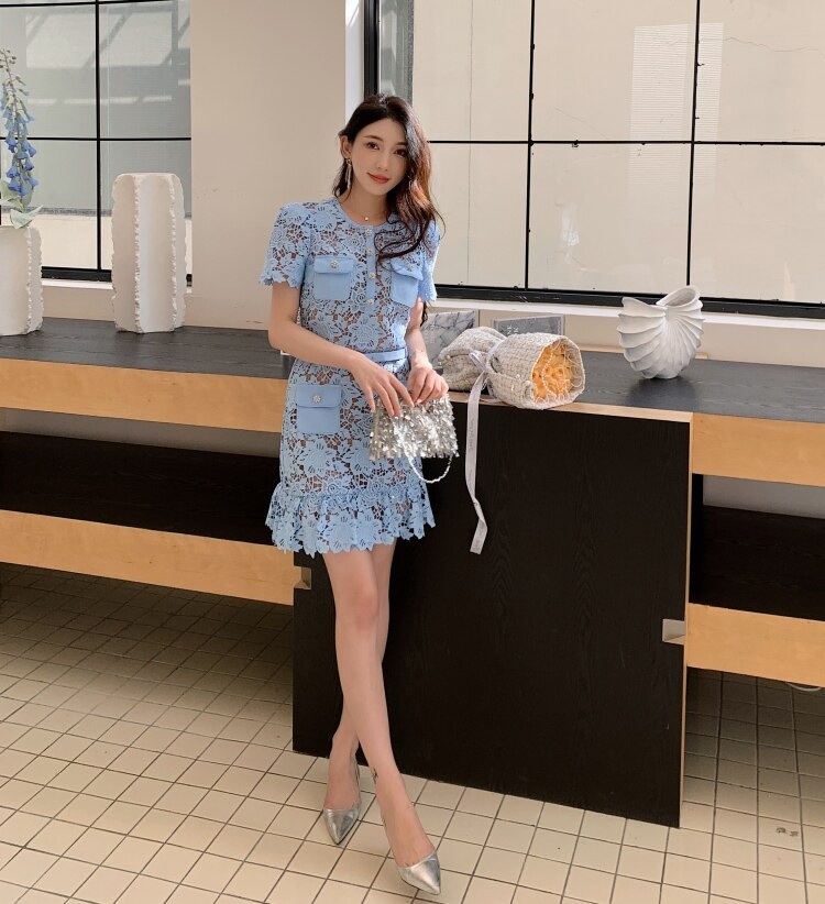 Self-Portrait Ladies Blue Lace Peplum Mini Short Sleeve Dress