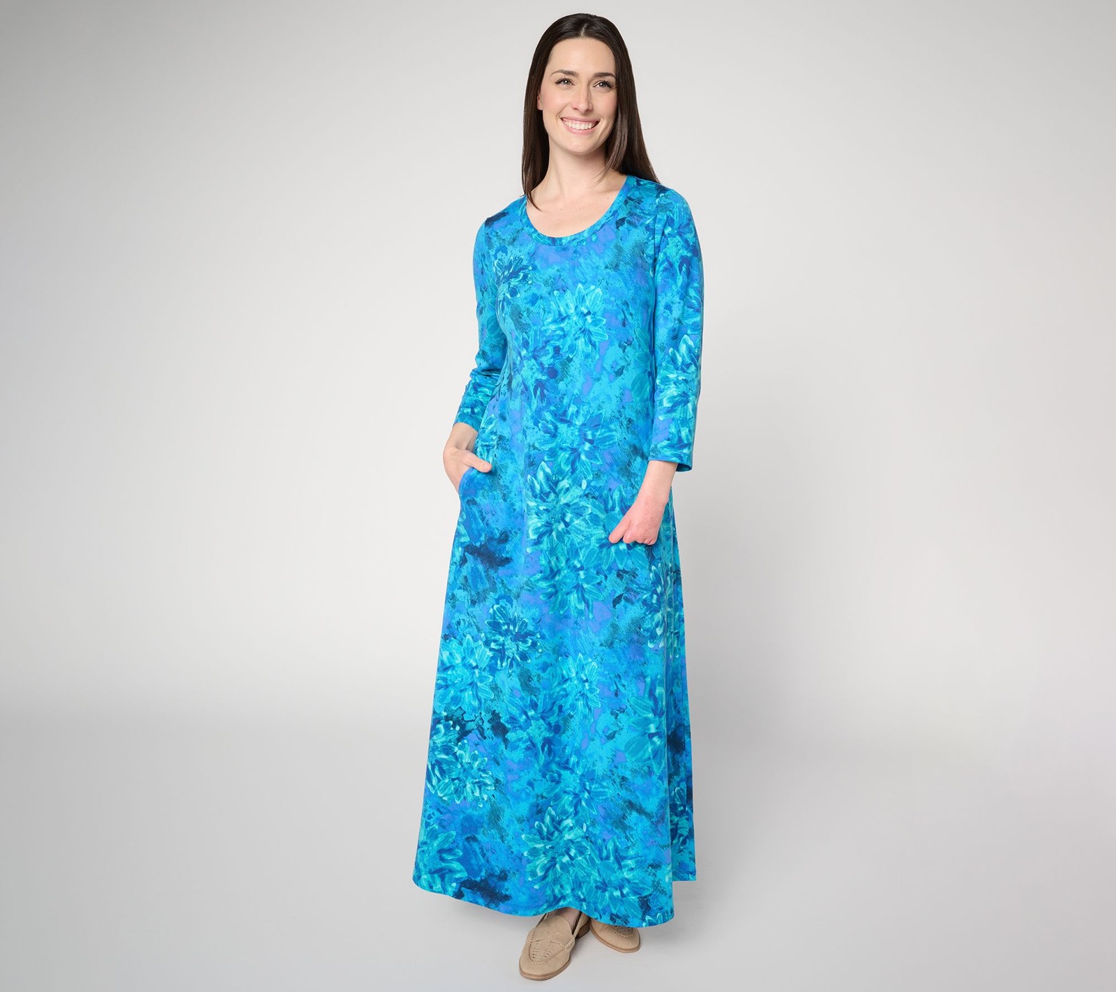 Susan Graver Weekend Petite Printed Comfy Cotton Maxi Dress Lagoon XL New
