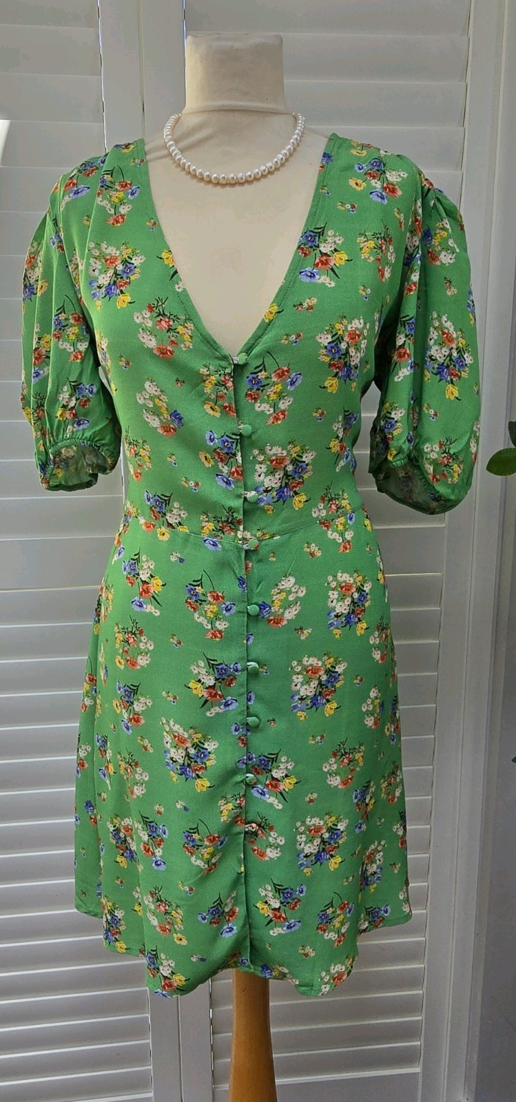 Vintage WW2 1940s 1950s Style Green Floral Dress UK Size 12 TWINWOOD