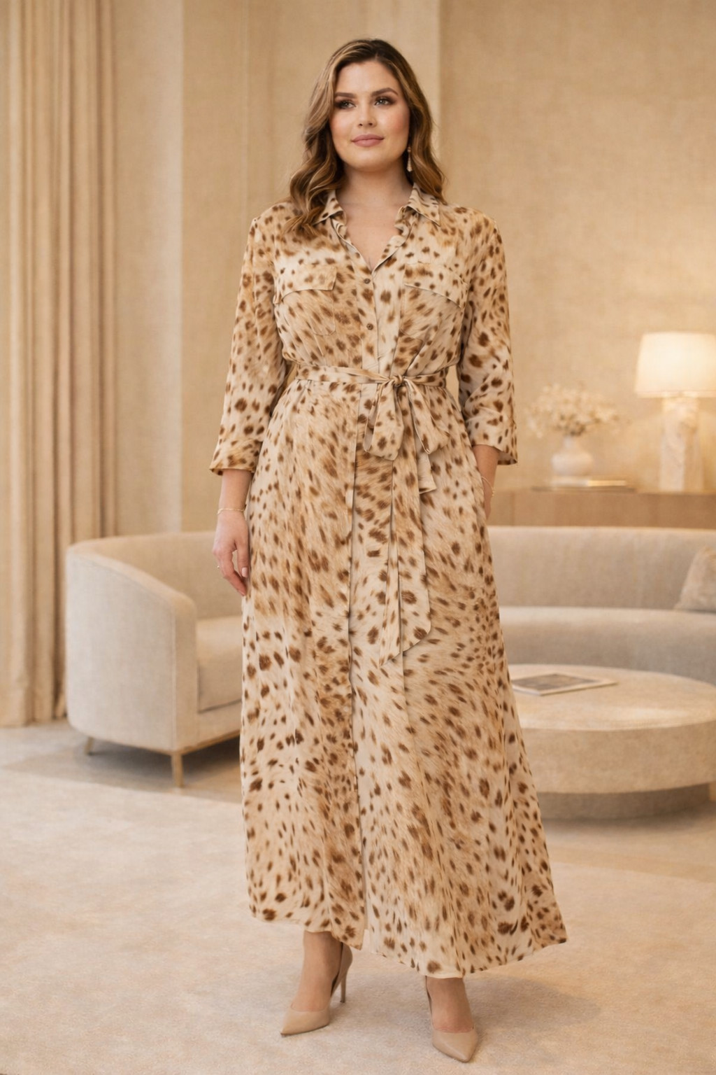 NWT L’AGENCE Cameron Silk Collar Dress Cacao Leopard Rope Belt Sleeves L Large