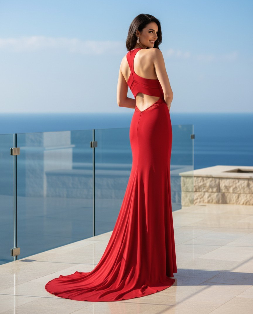 Red Stretch Jersey Prom Dress Size 2 Sheer High Slit Party Formal holiday Gown