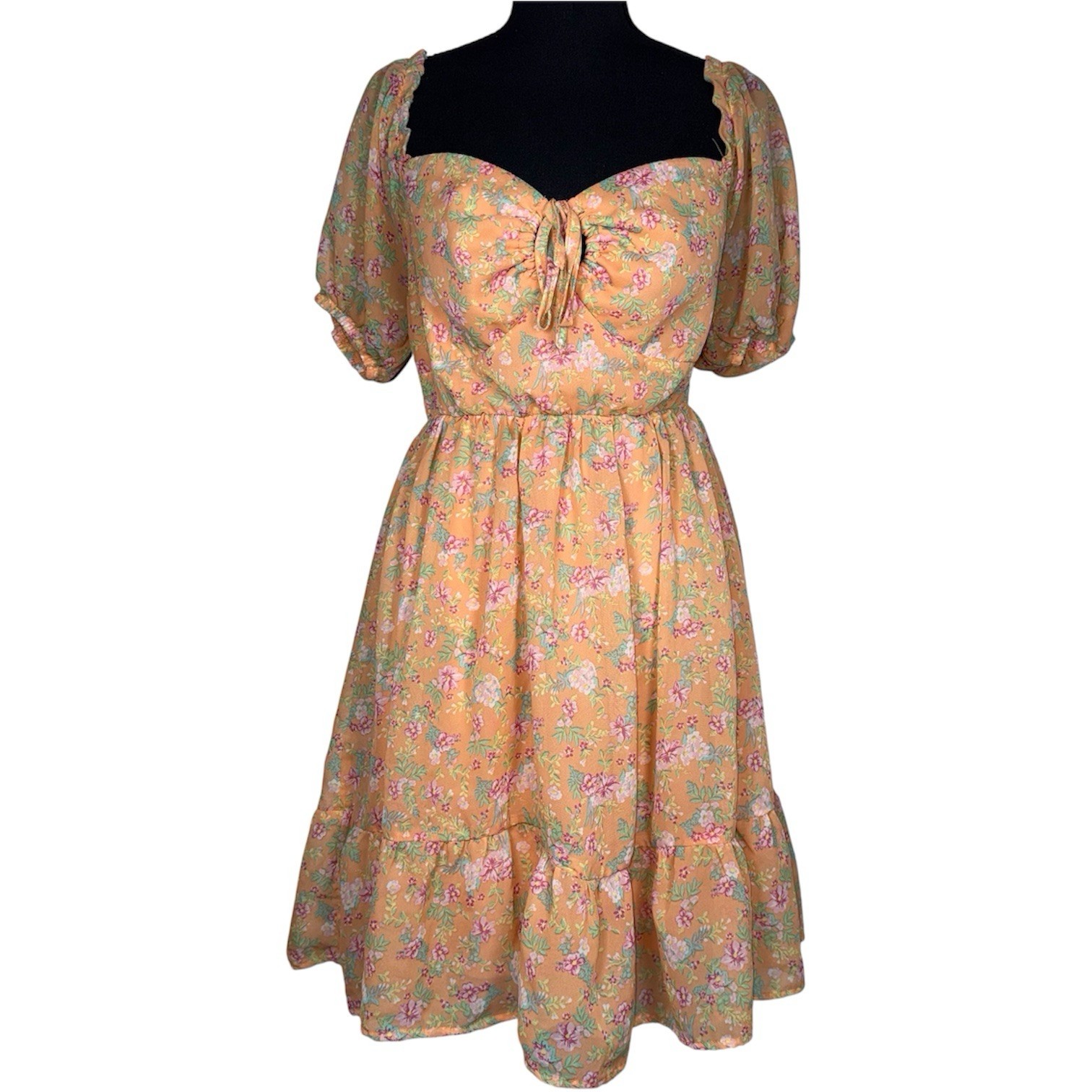 Floral Sweetheart Tie Front Keyhole Short Sleeve Fit & Flare Dress L Cottagecore
