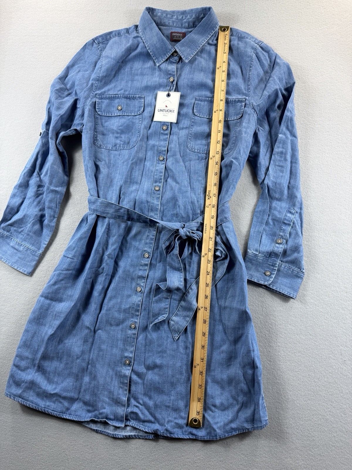 UNTUCKit ZARA Dress Womens 16 Chambray Belted Button Down Long Sleeve Fall Boho