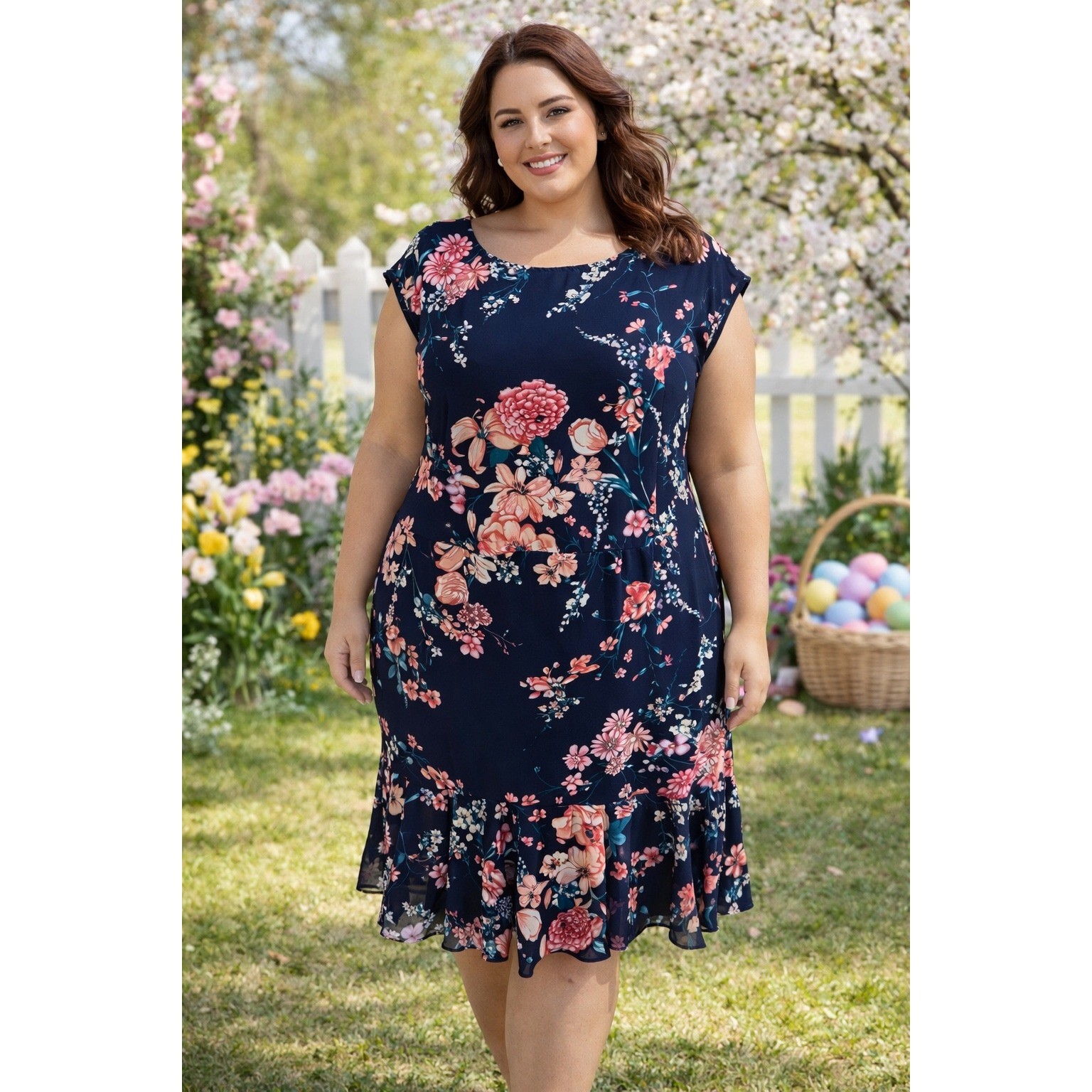 ROZ & ALI Women Navy Floral Cap Sleeve Ruffle Hem Midi Dress Plus Size 22W