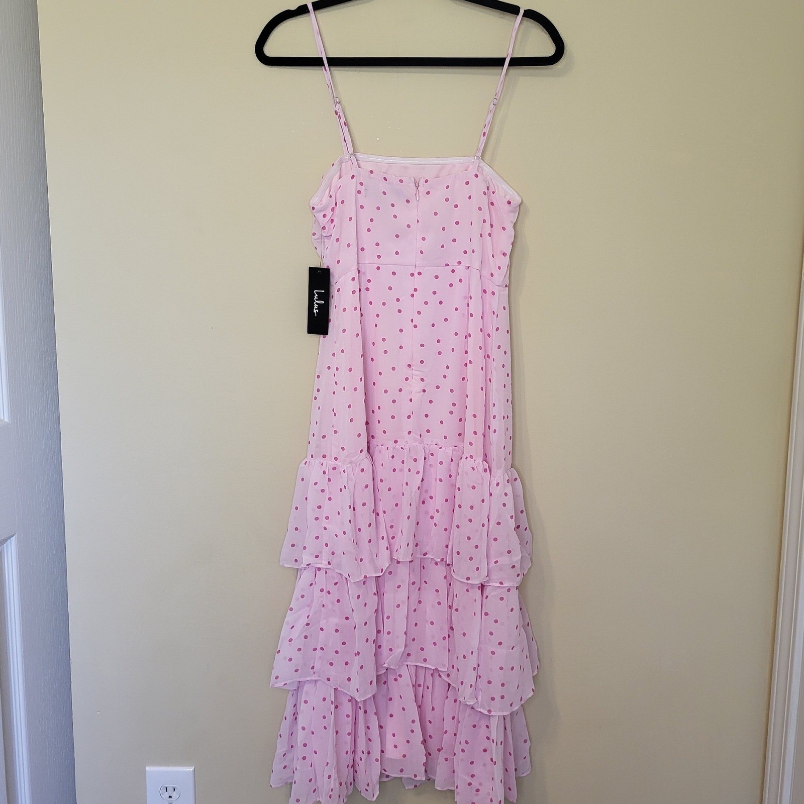Lulus Pink Polka Dot Tiered Chiffon Midi Dress Womens Small NWT