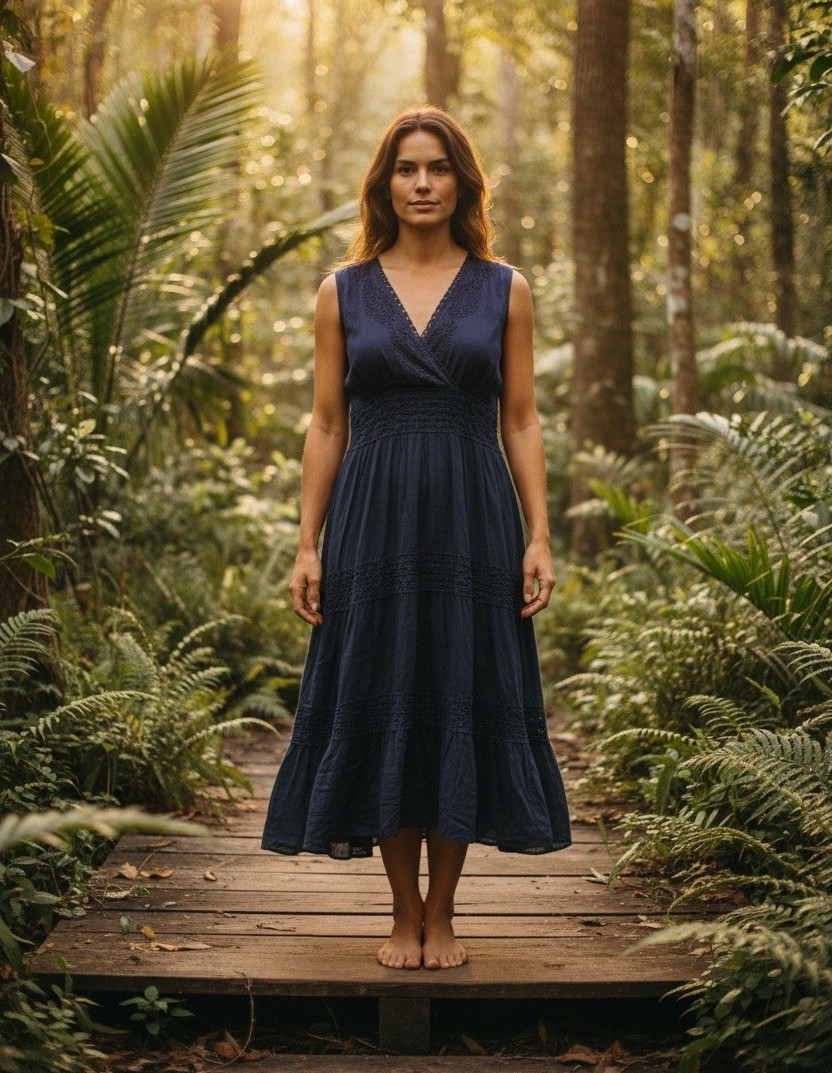 NorthStyle Blue Solid V-Neck Sleeveless Cotton Lace Embroidered A-Line Midi XL