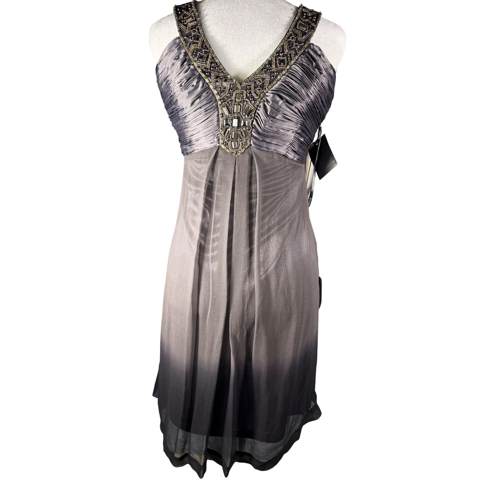 Sue Wong Nocturne Beaded Silk Ombre CocktailDress Charcoal Black Size 6 Y2K