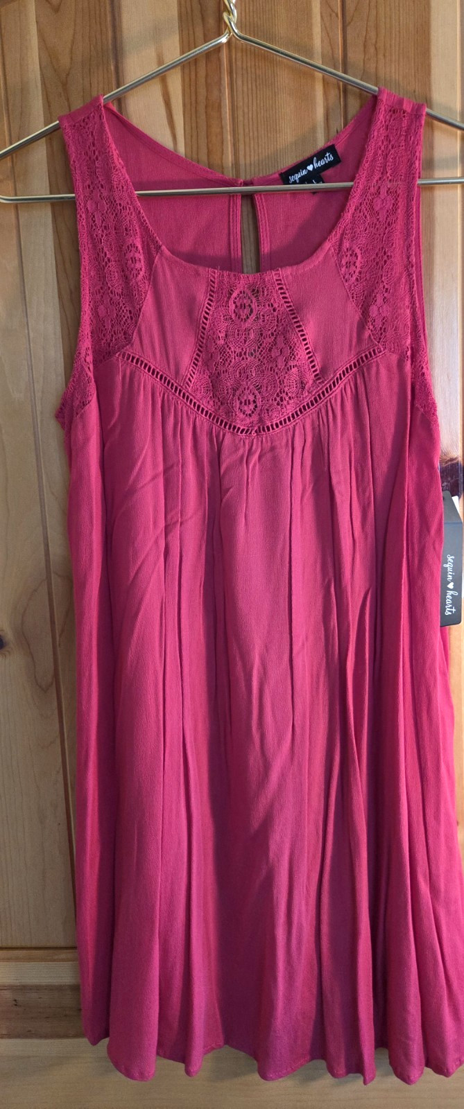 Macys Sequin Hearts Sleeveless Crochet Yoke Flowy Dress Raspberry Red Large NWT
