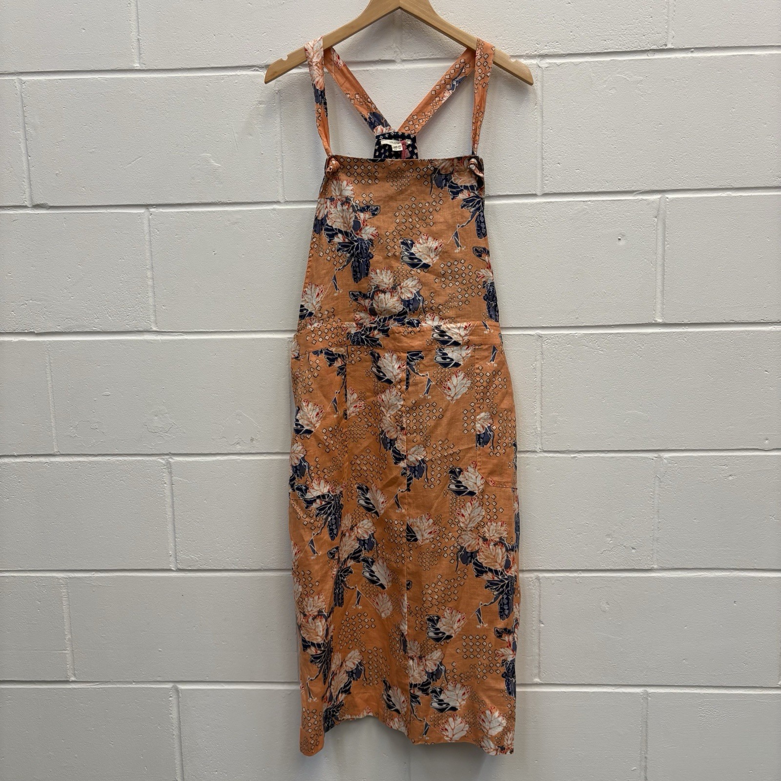White Stuff Yuki Linen Pinafore Dress UK 18 Orange Floral Midi Dungaree Dress