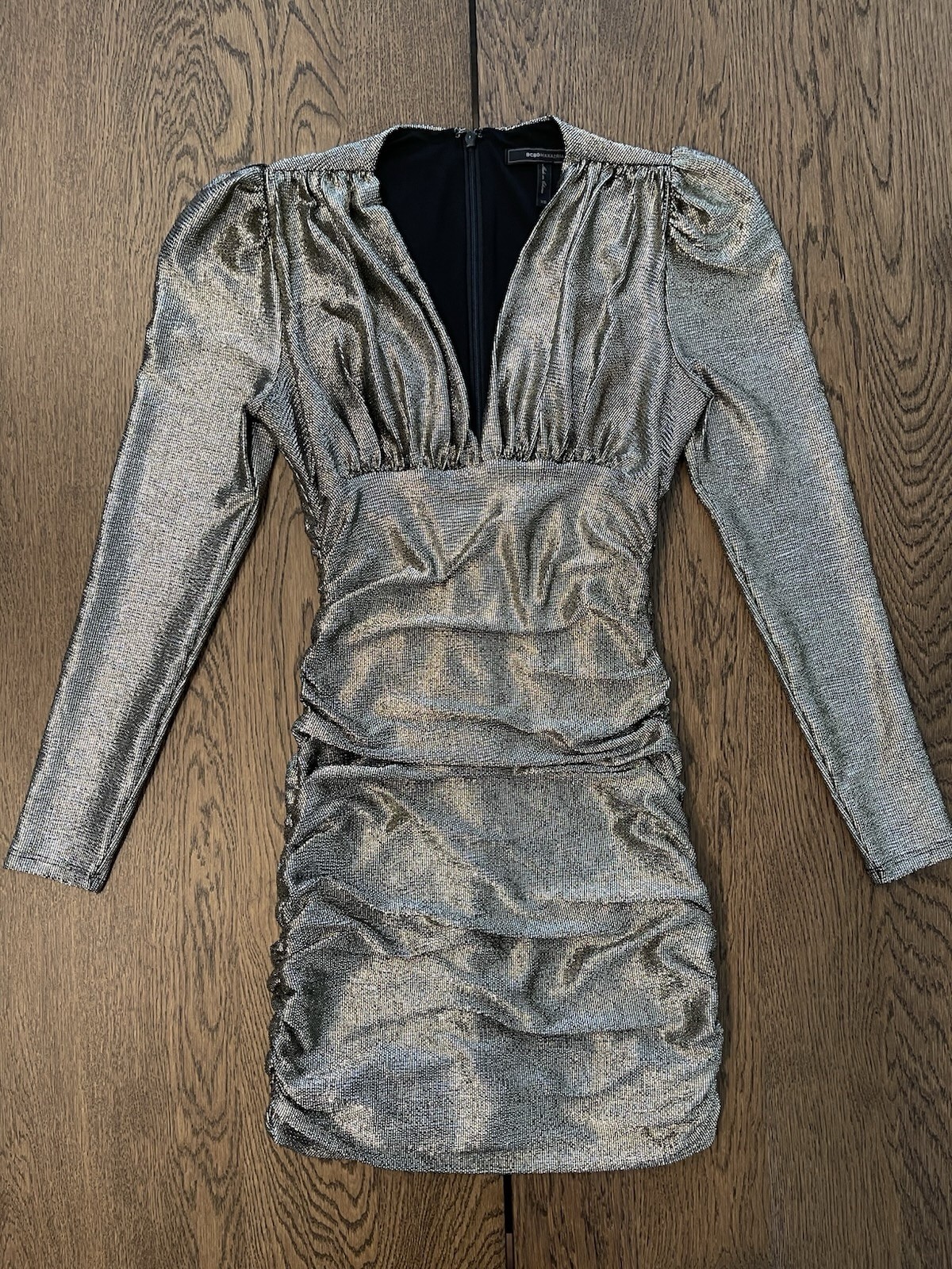 BCBGMAXAZRIA Metallic Gold Ruched Mini Dress Long Sleeve Plunge Neck Size XS