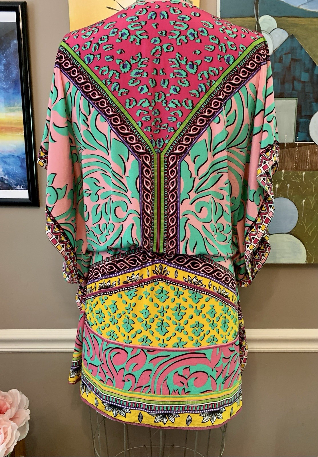 Hale Bob Silk Blend Vibrant Mixed Print Kaftan Tunic Mini Dress