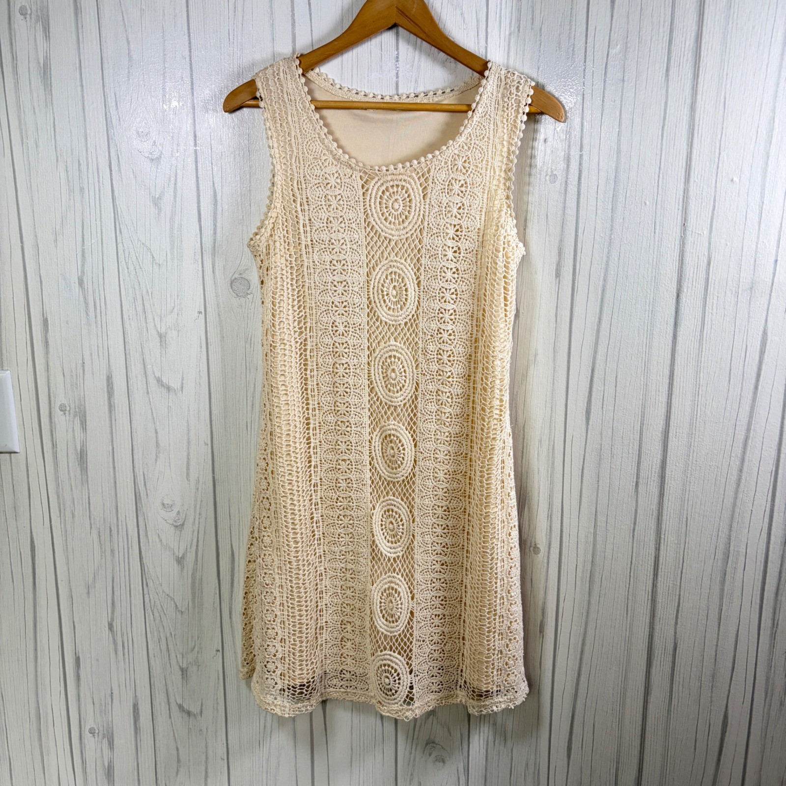 SOLITAIRE Cream Cotton Crochet Tank Style Mini Dress, Small