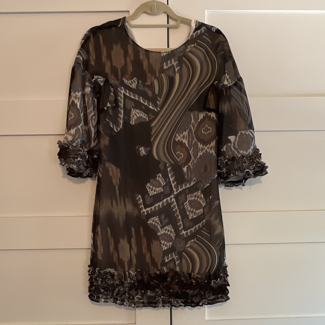 Walter Black Brown Gray Blue Geometric Chiffon T-Shirt Dress 3/4 Sleeve XS