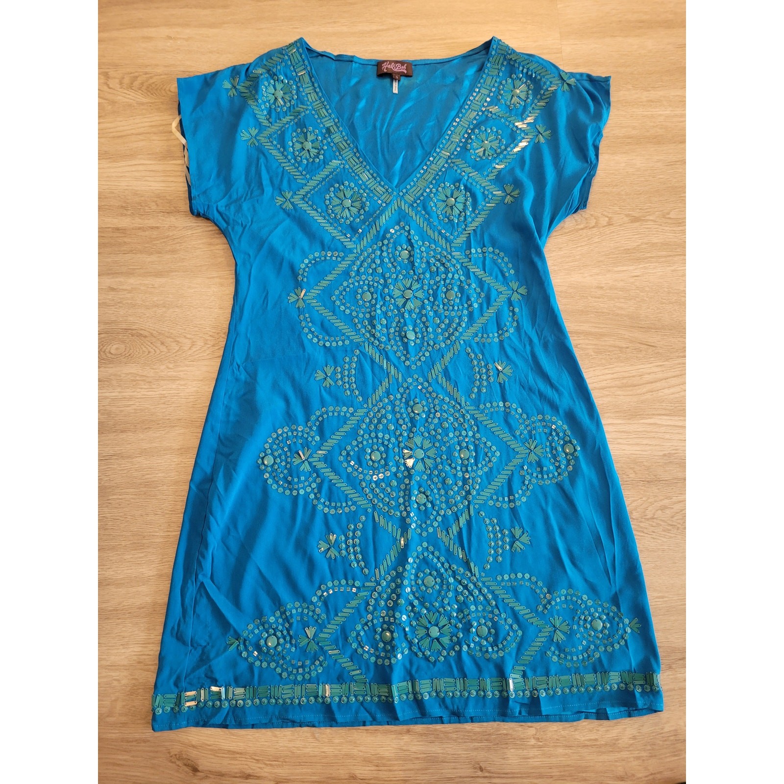 Hale Bob Silk Dress Womens Small S Turquoise Teal Beaded Sequin Shift Luxury