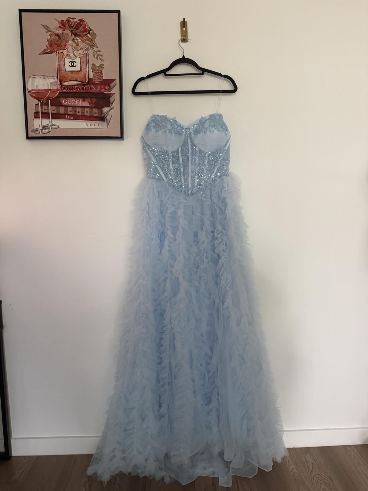 Party Prom Dress Blue Tulle Sequin Beaded Sweetheart Corset Lace Up Long Gown M