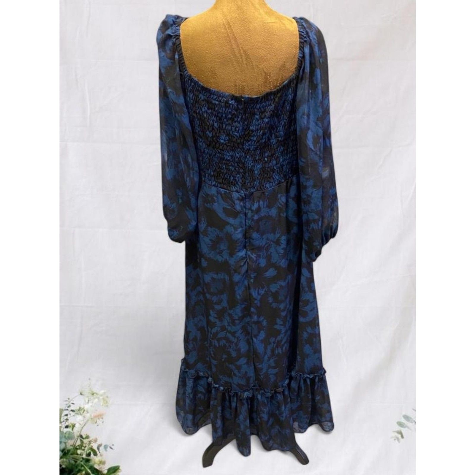 Bohemian Cottagecore Feminine Romantic Black Blue Floral Long Sleeve Maxi Dress