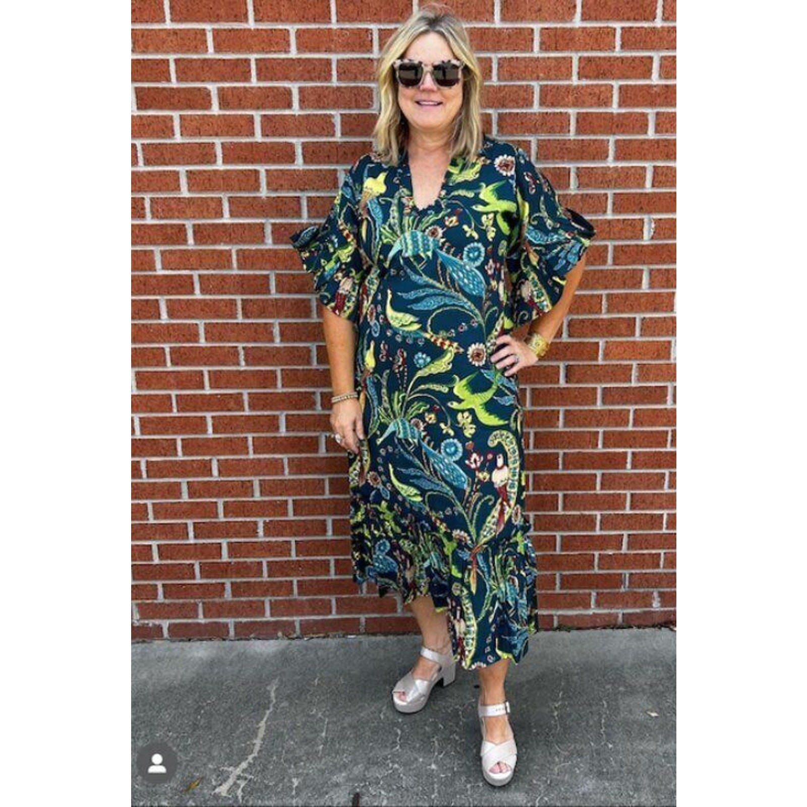 FITZROY & WILLA Sz XS Soleil Dress Blue Bird Print Flutter Sleeve