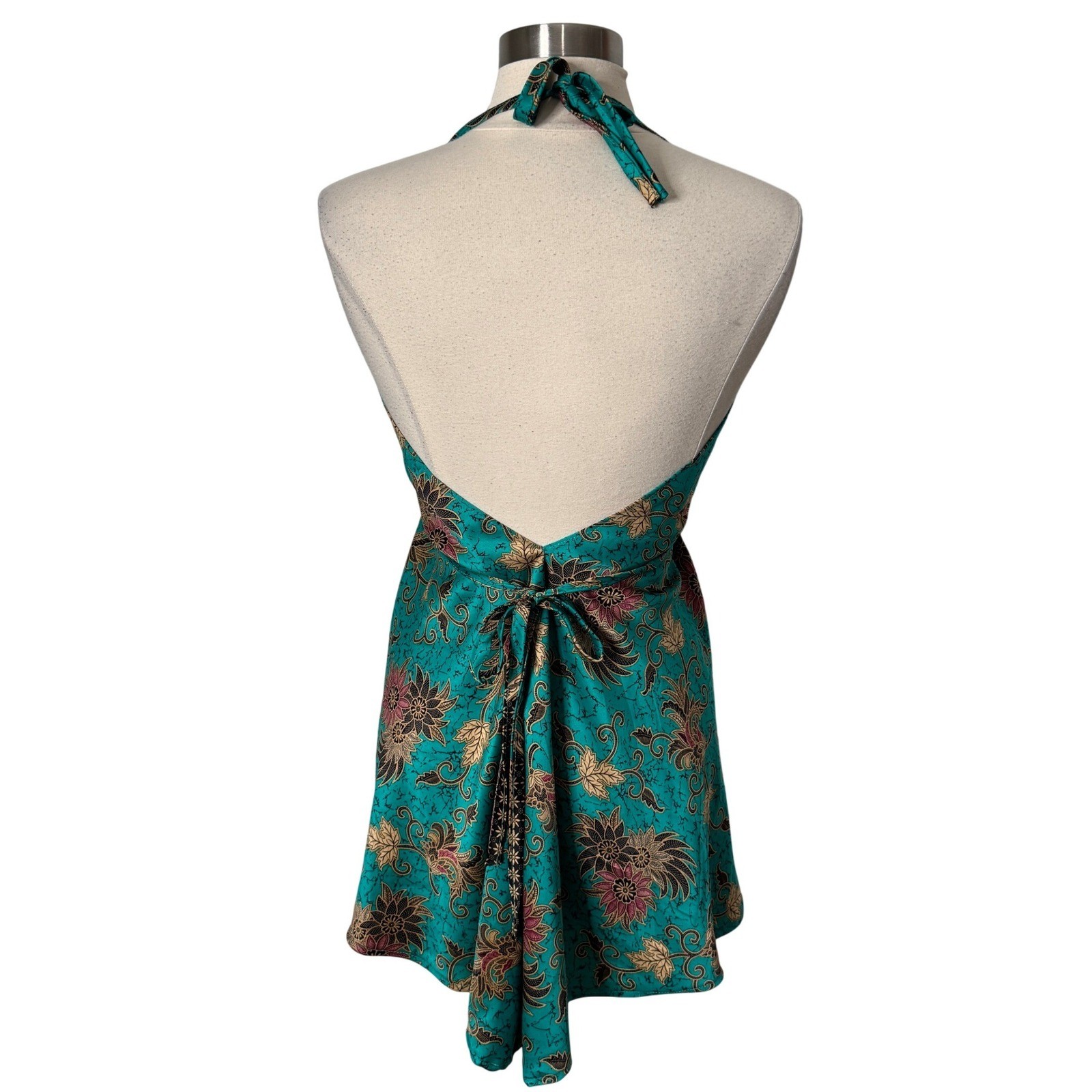 Teal Floral Batik Print Halter Top V Back Boho V-Neck Mini Dress Womens One Size