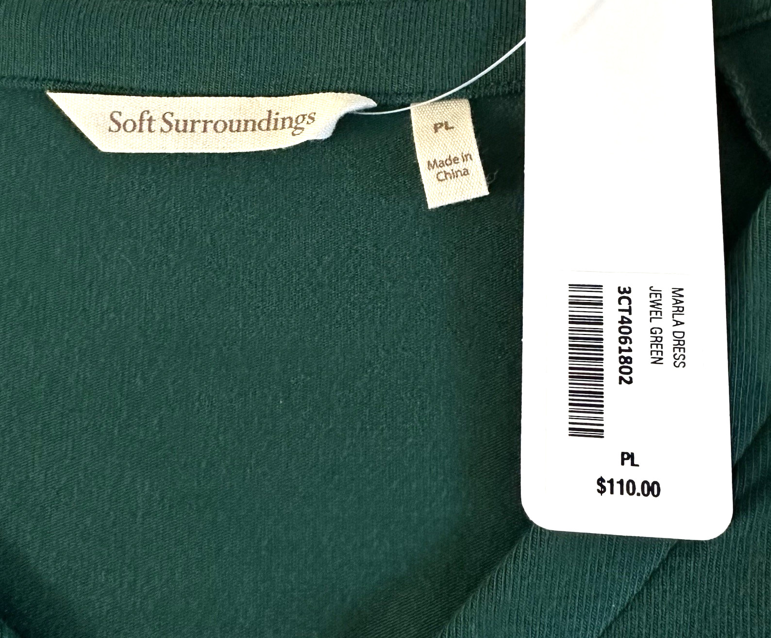 New NWT $110 SOFT SURROUNDINGS Petite Large PL Marla Dress Jade Green Stretch