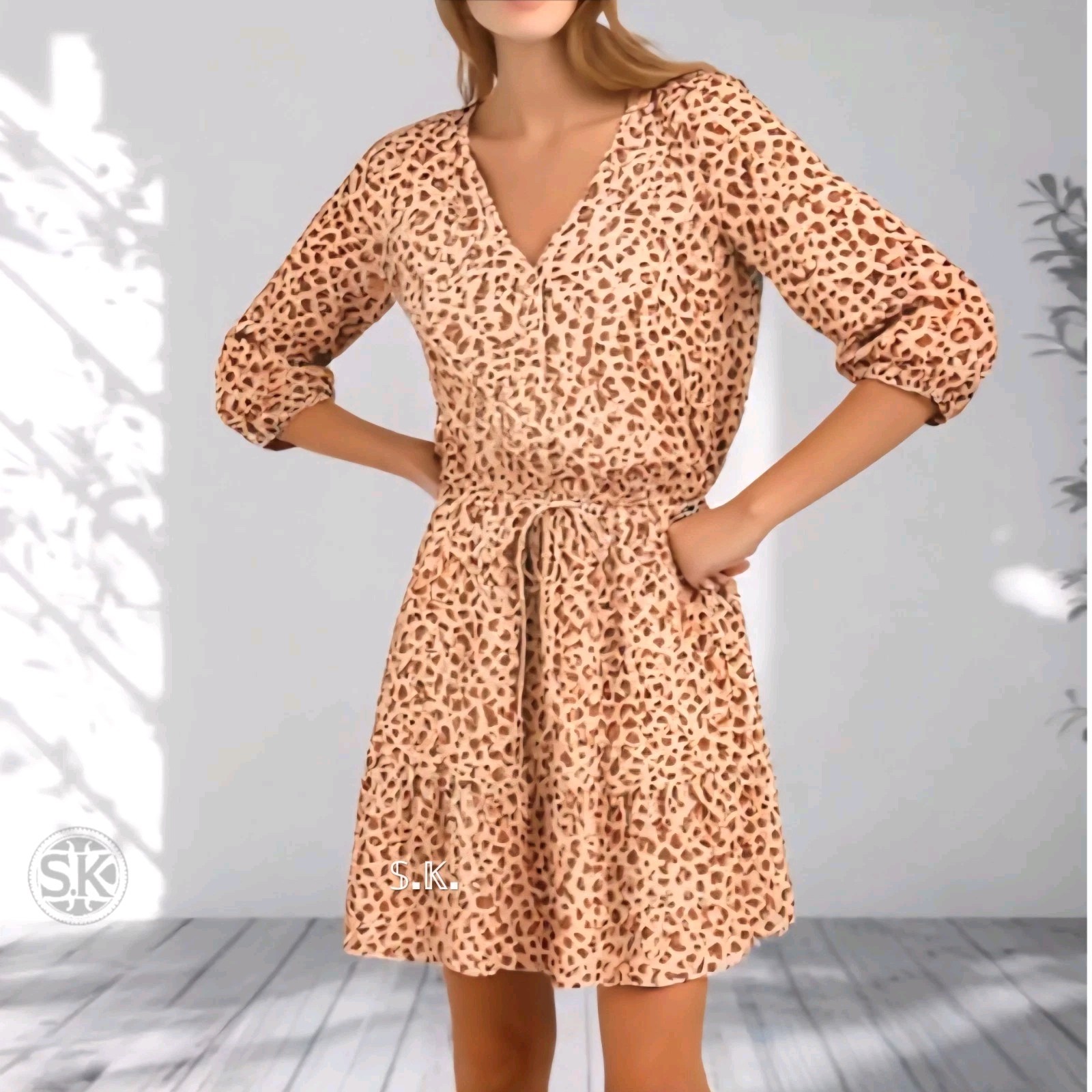 CAbi #5406 Sienna Dress Rust Animal Print Drawstring Waist Ruffled Hemline LARGE