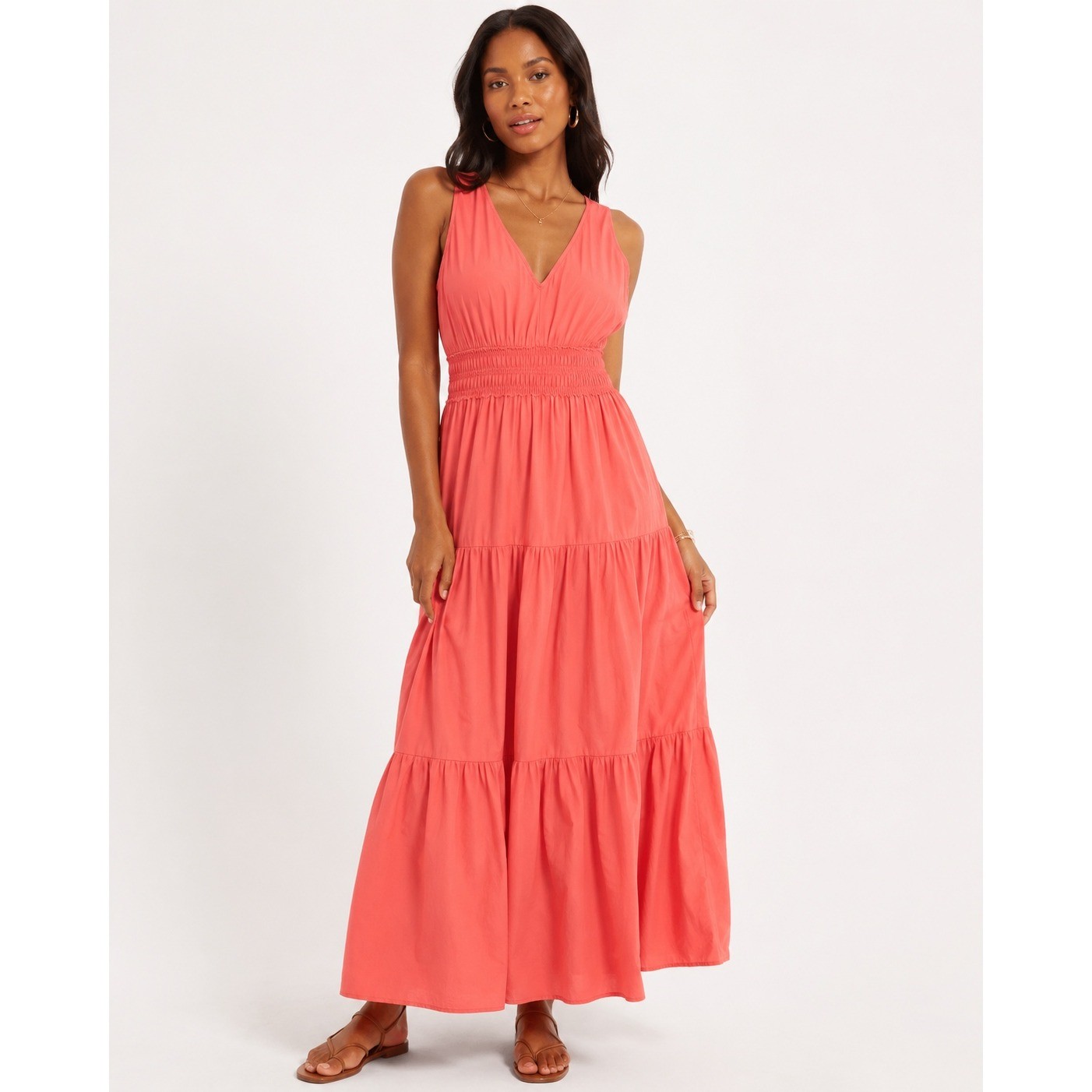 Maeve Anthropologie Coral Tiered Maxi Dress Coastal Cottagecore Boho Cotton 12
