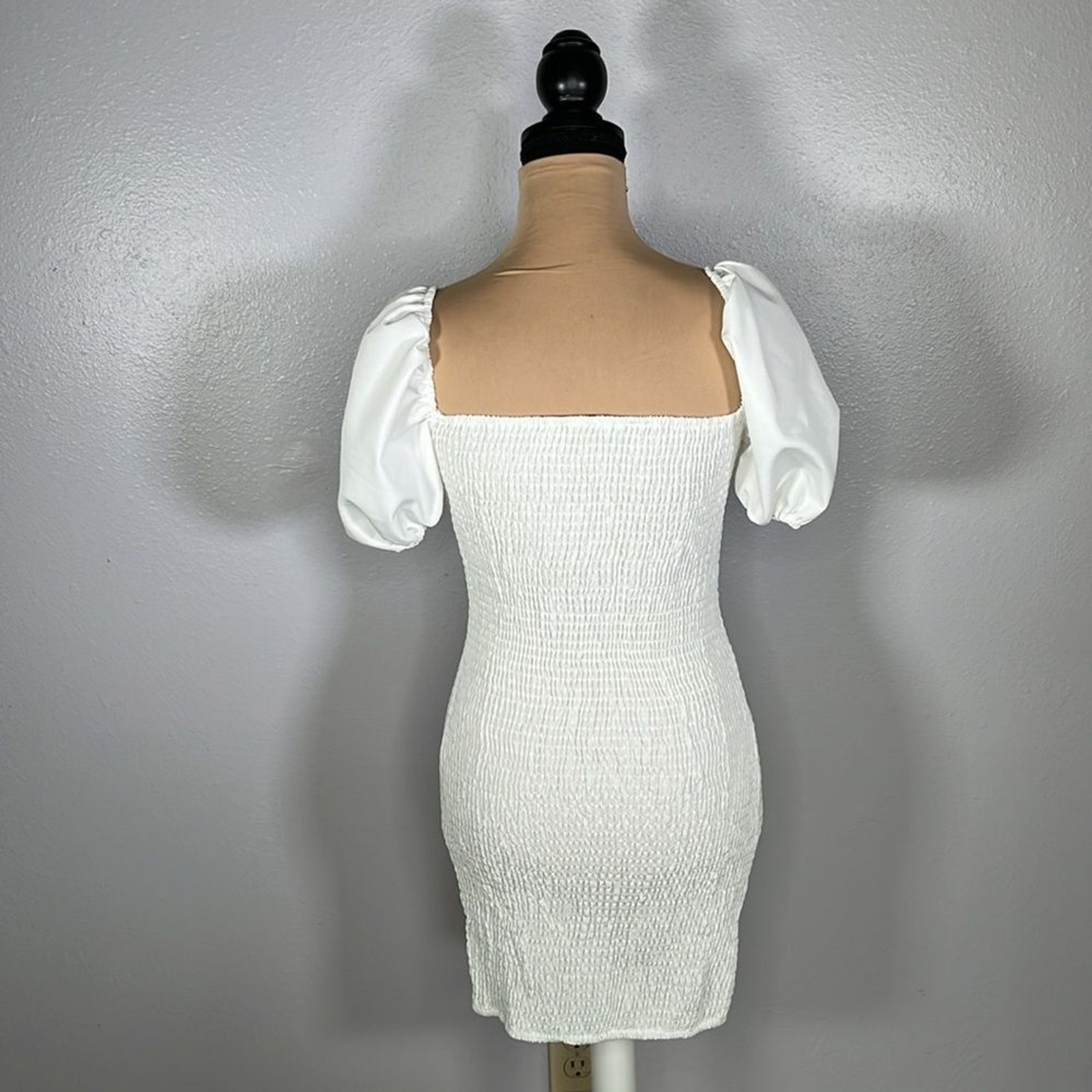 Romantic White Smocked Puff Sleeve Mini Dress Bridal Euro Summer Cottagecore – 6