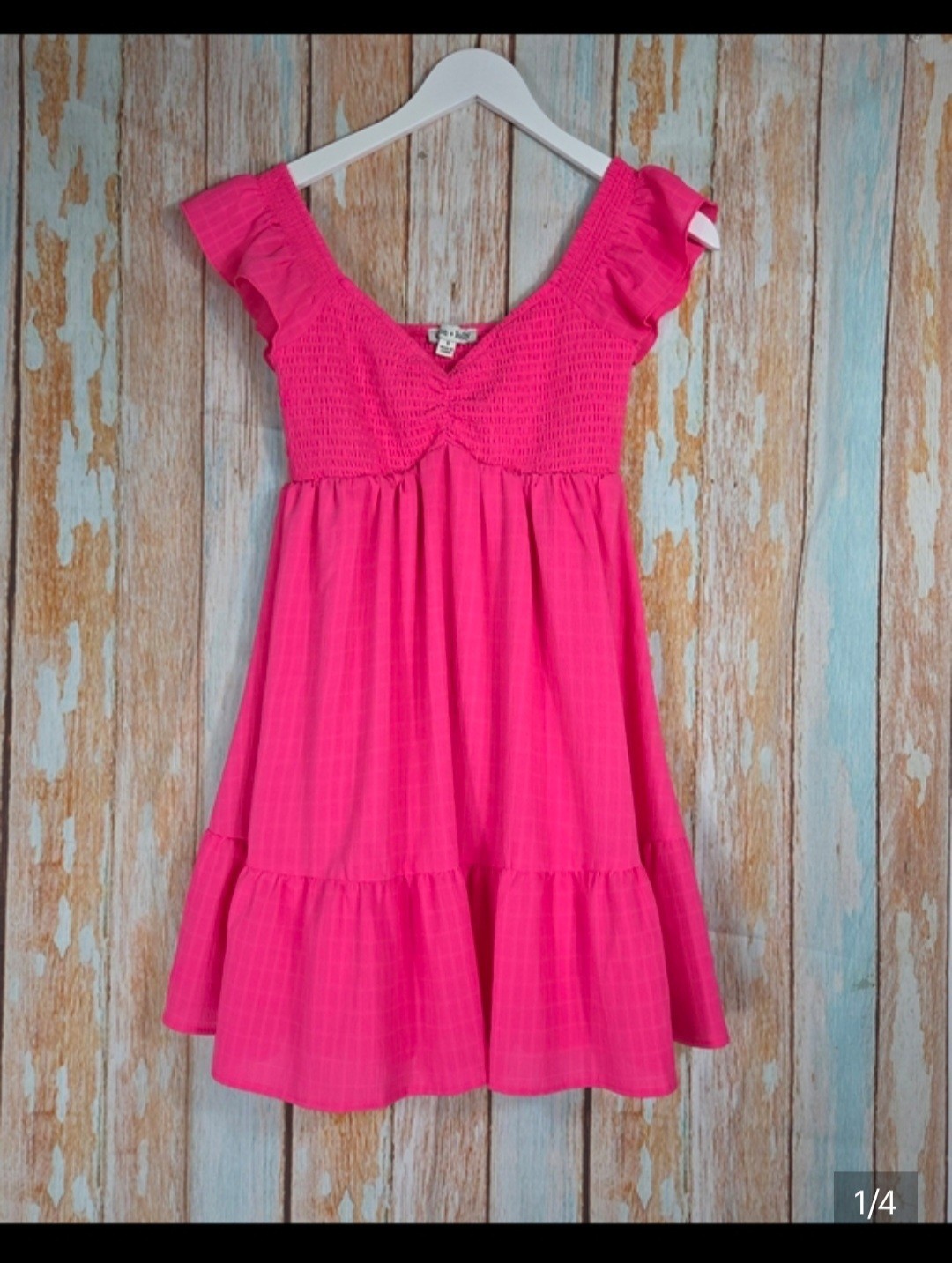 Allison & Kelly Hot Pink Smocked Empire Waist Babydoll Tiered Mini Dress. Size S