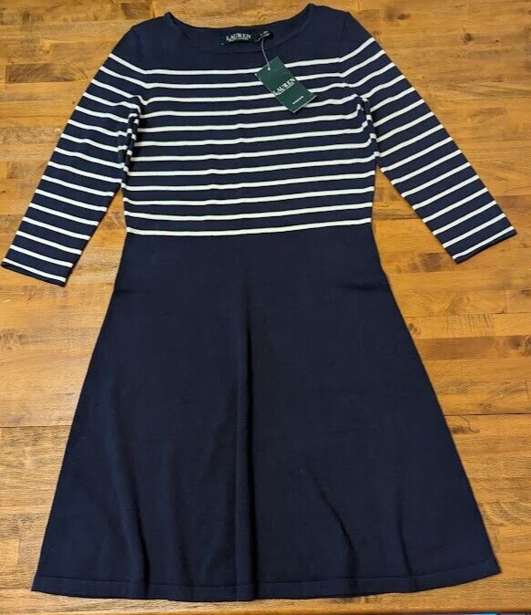 LAUREN RALPH LAUREN STRIPED KNIT 3/4 SLEEVE DRESS Women’s Small S Navy Blue $139