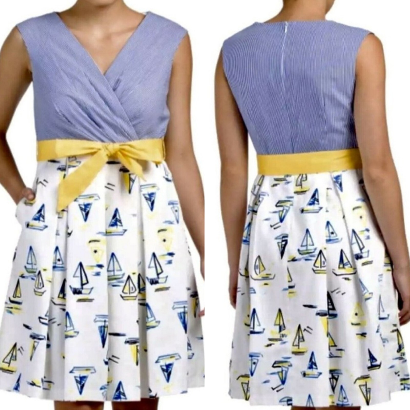 CHETTA B Sailboat Print Faux Wrap Dress Size 14
