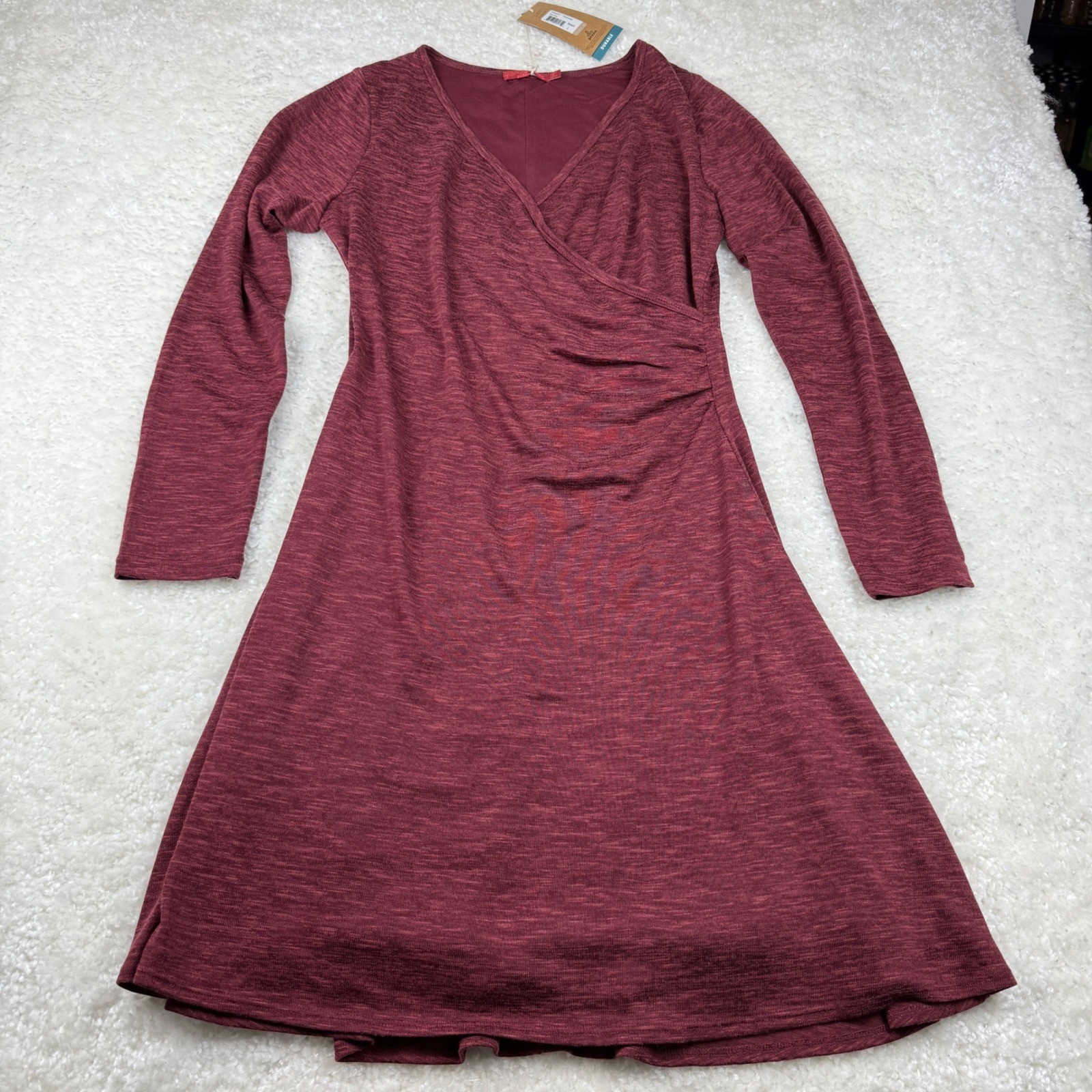 Prana Nadia Dress Women L Nocturnal Red Faux Wrap Long Sleeve New With Tags