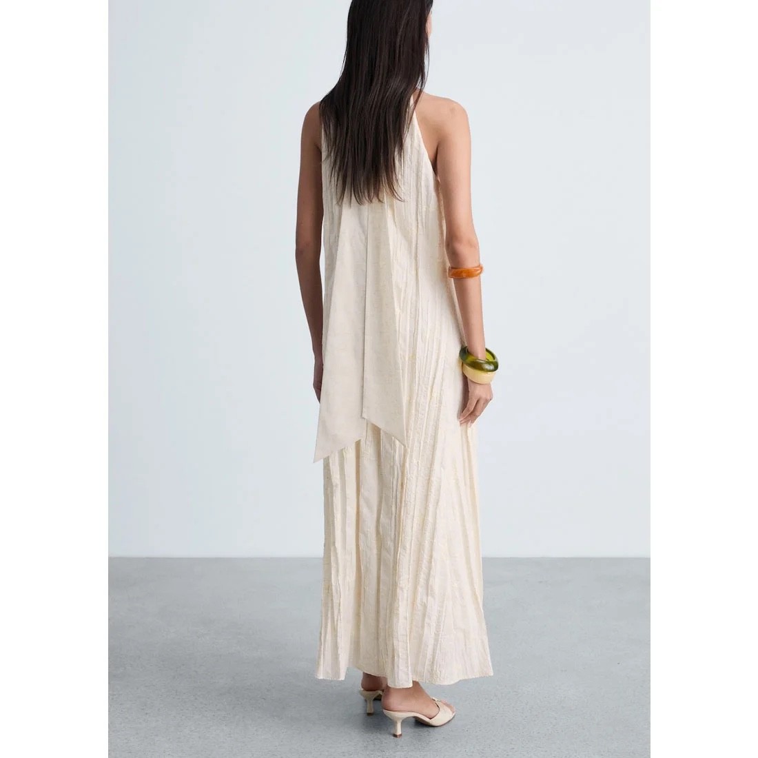 MANGO MNG Womens TRISH-A Pleated Halter Neck Tie Maxi Dress in Ivory size M/US 6