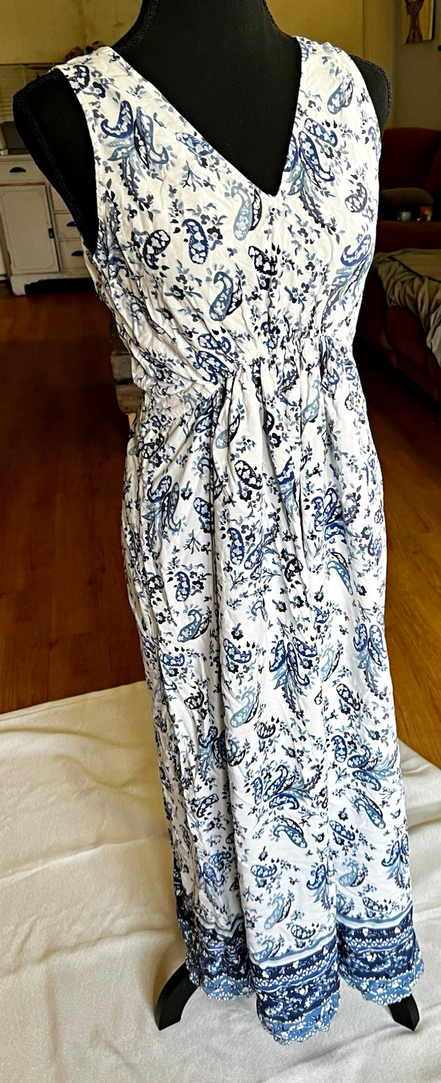 Lucky Brand S Blue Paisley Border Print Maxi Dress Boho 100% Rayon