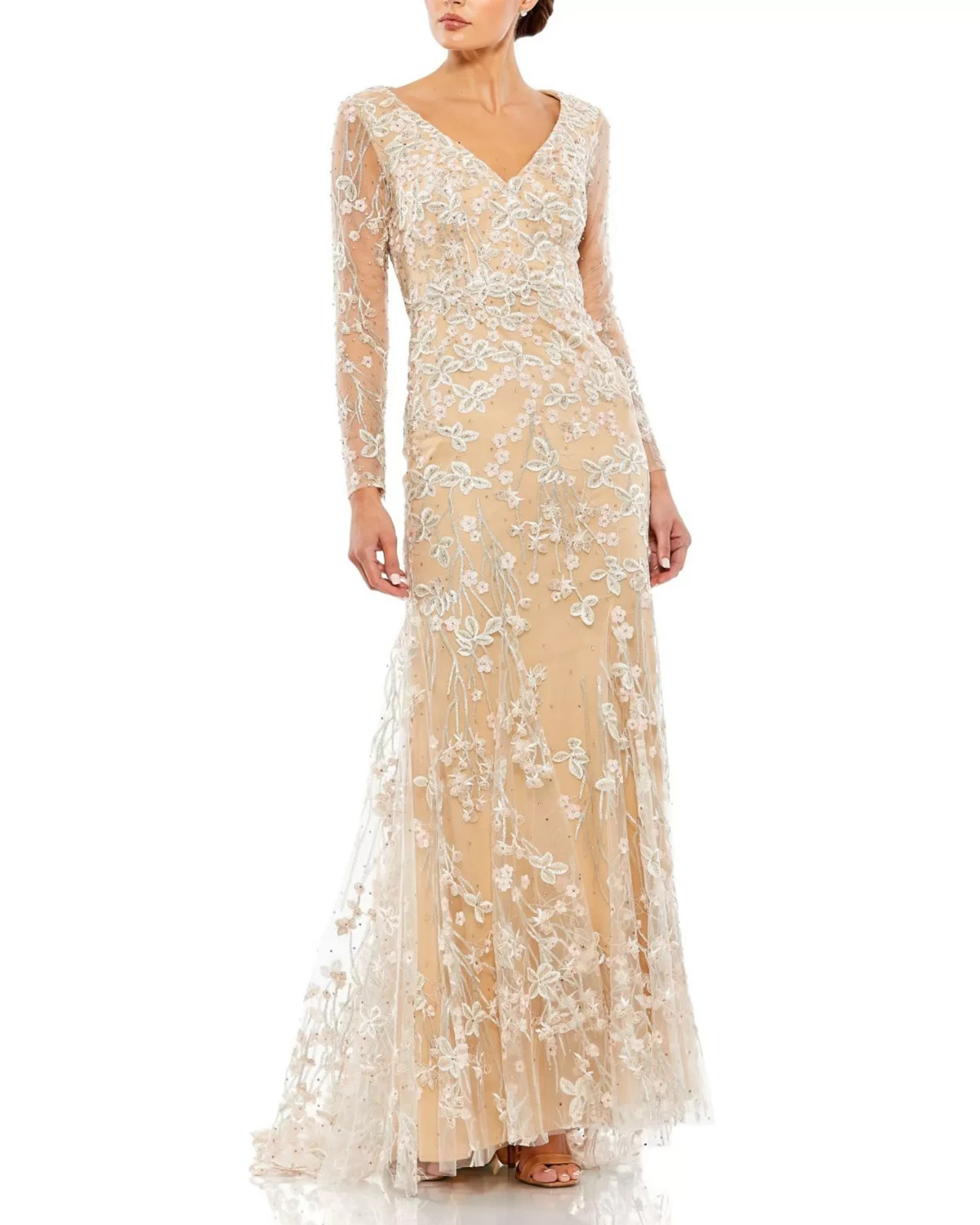 Mac Duggal Nude Ivory V-Neck Illusion Long Sleev Embroidered Mesh Gown 24 $498