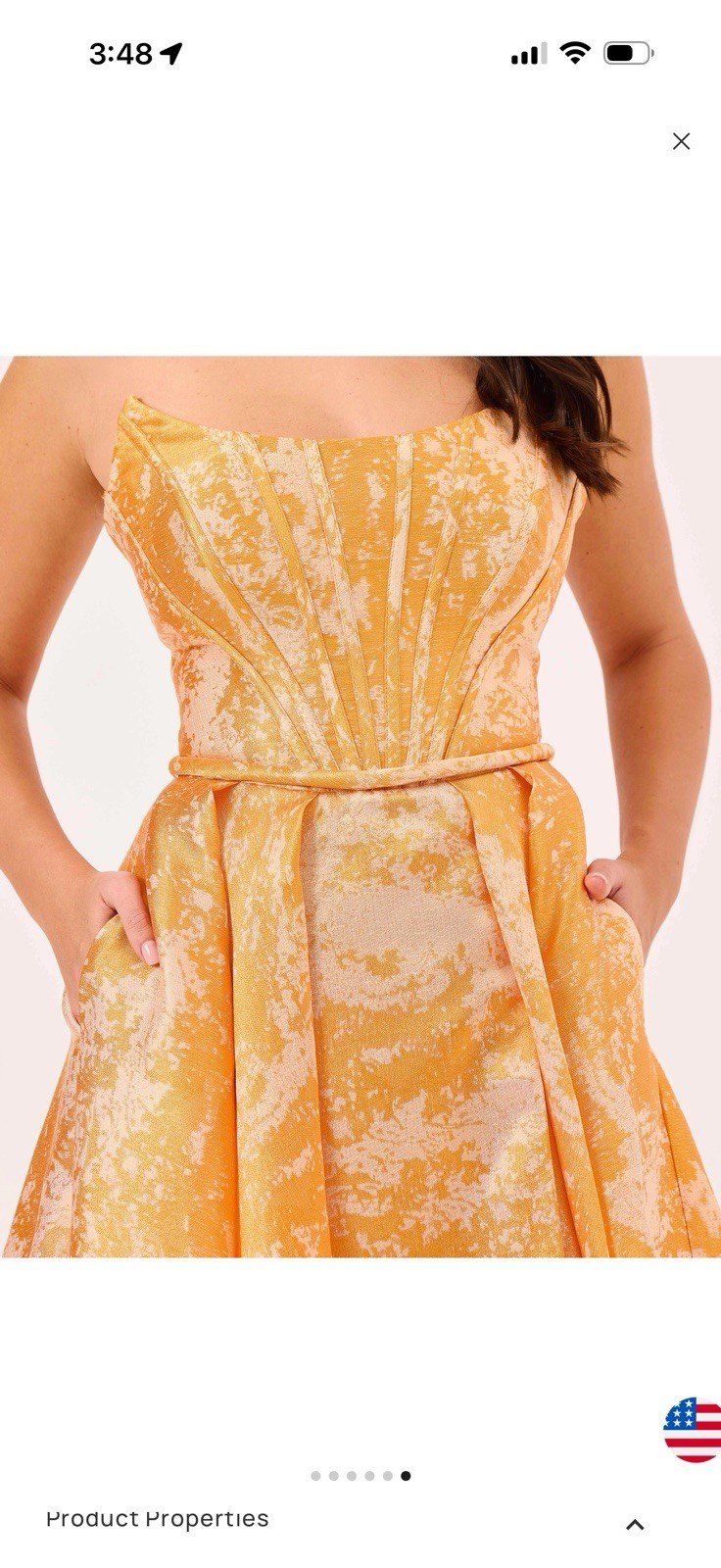 ILMIO Gold Abstract Jacquard Strapless Long Gown w/ Belt Pockets Pleated Size 4