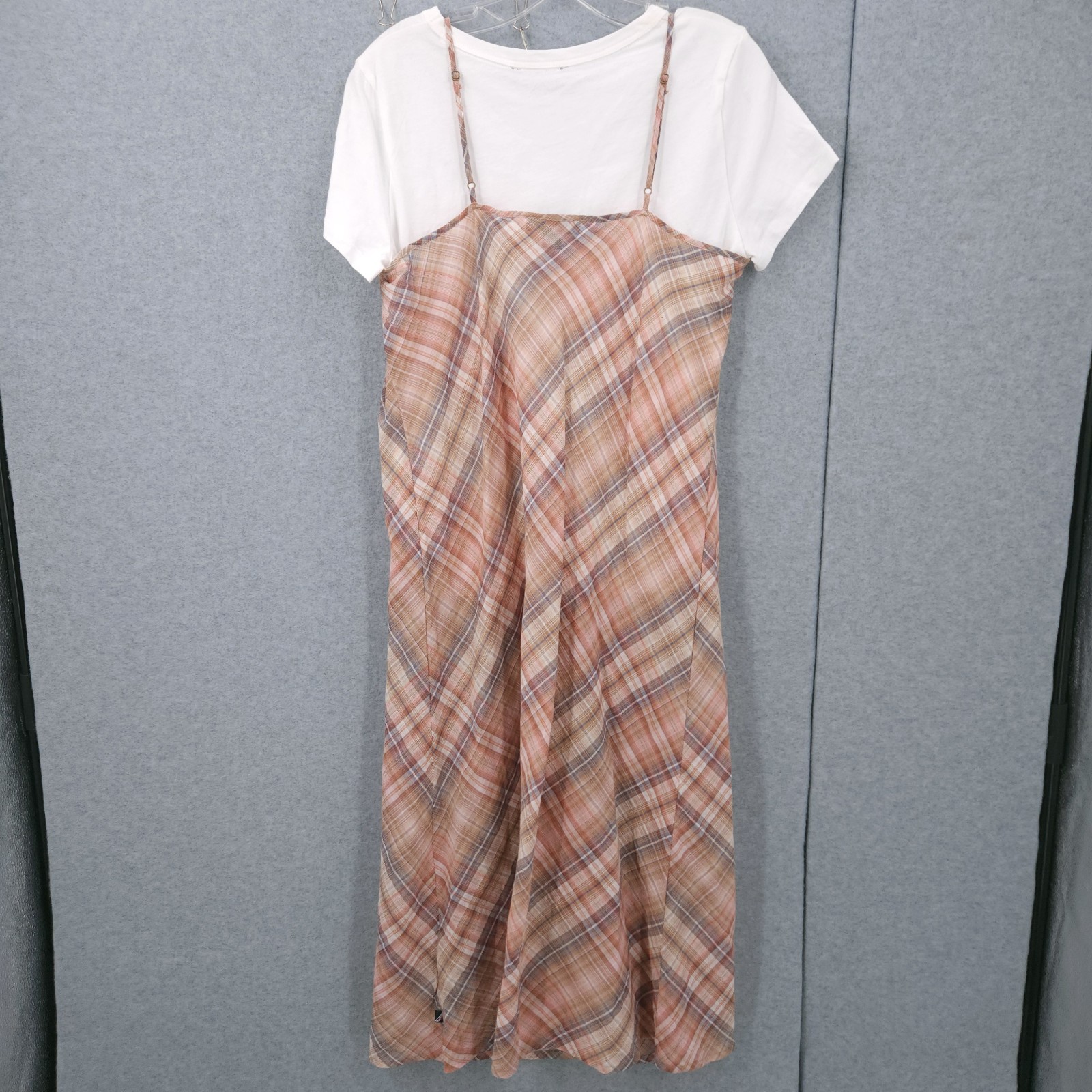 Nautica Jeans Midi Brown Plaid Layered Strap Midi Dress Womens Size M NWT