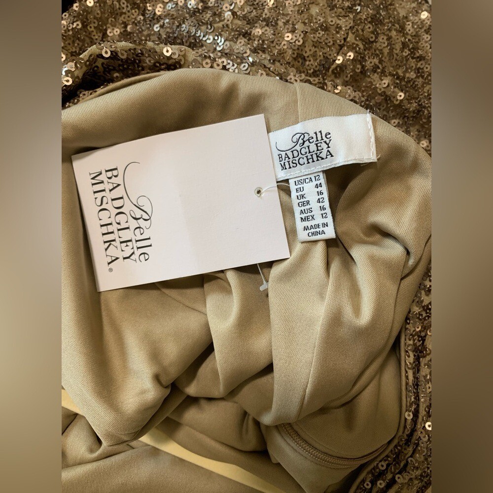 Badgley Mischka Gold Sequin Cuffed Sleeve Sheath Dress Sz L Formal Cocktail Gala
