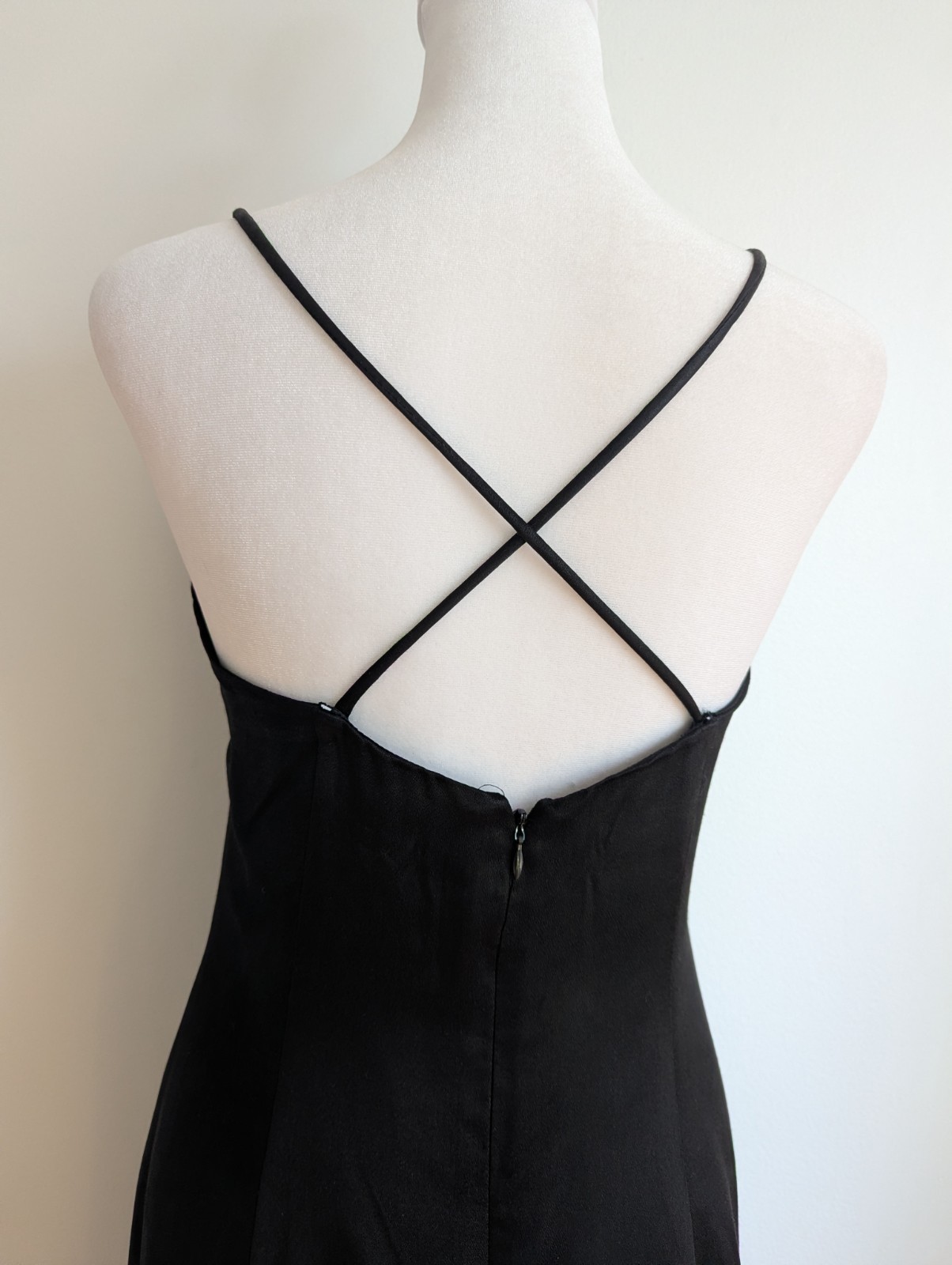 Vintage 90s Elegant Black Satin Sheath Gown With Beaded Bodice Square Neck 12